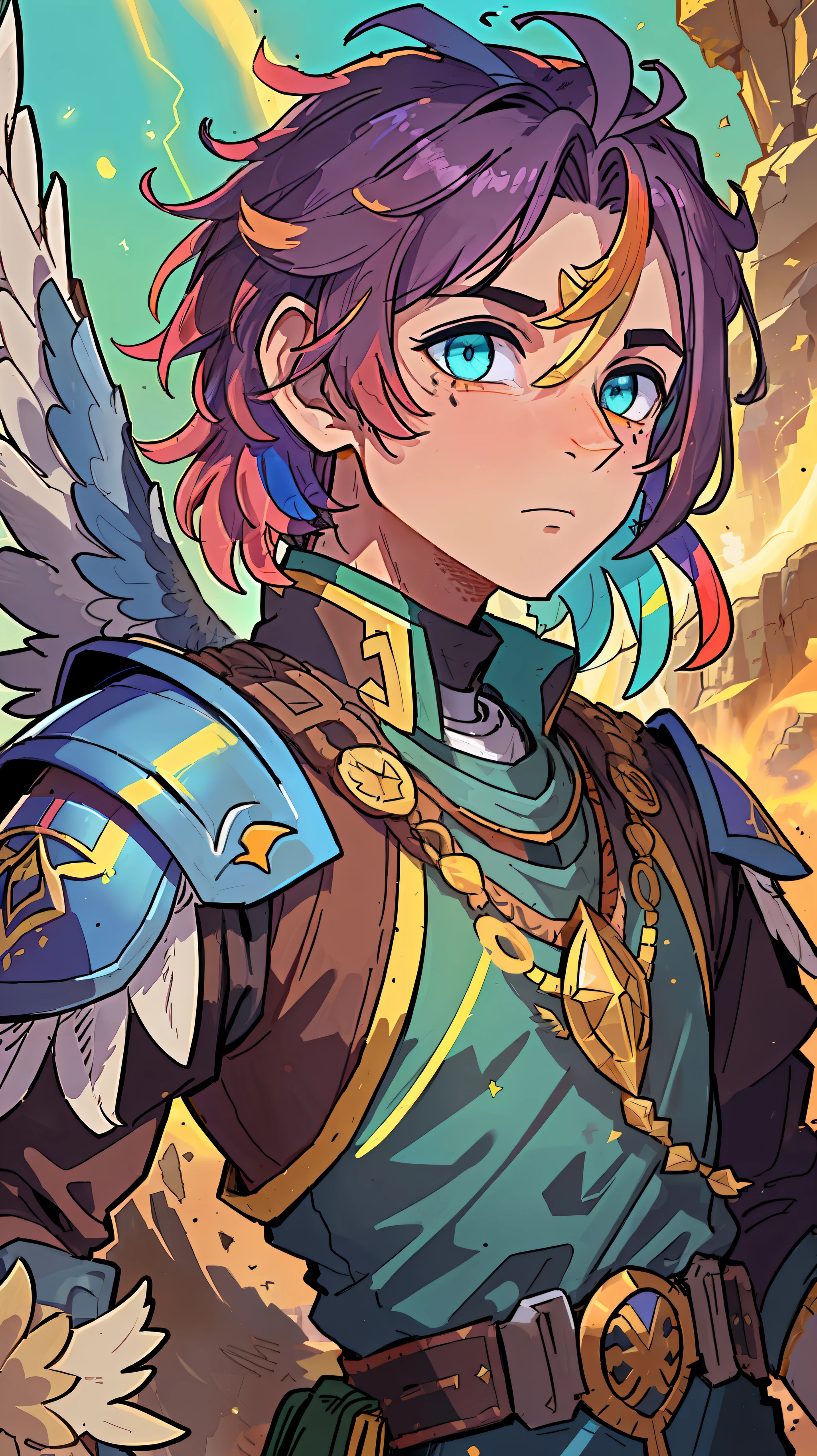 "(male character:1.2,bird boy:1.3,colorful:1.1,wings:1.3), (paladin armor, Arabic garb), (desert oasis:1.1), unique angle, (vibrant colors), (heat wave effect:1.1), (dramatic lighting), Warm colors, feathered hair, close up, Raibow hair, detailed face.