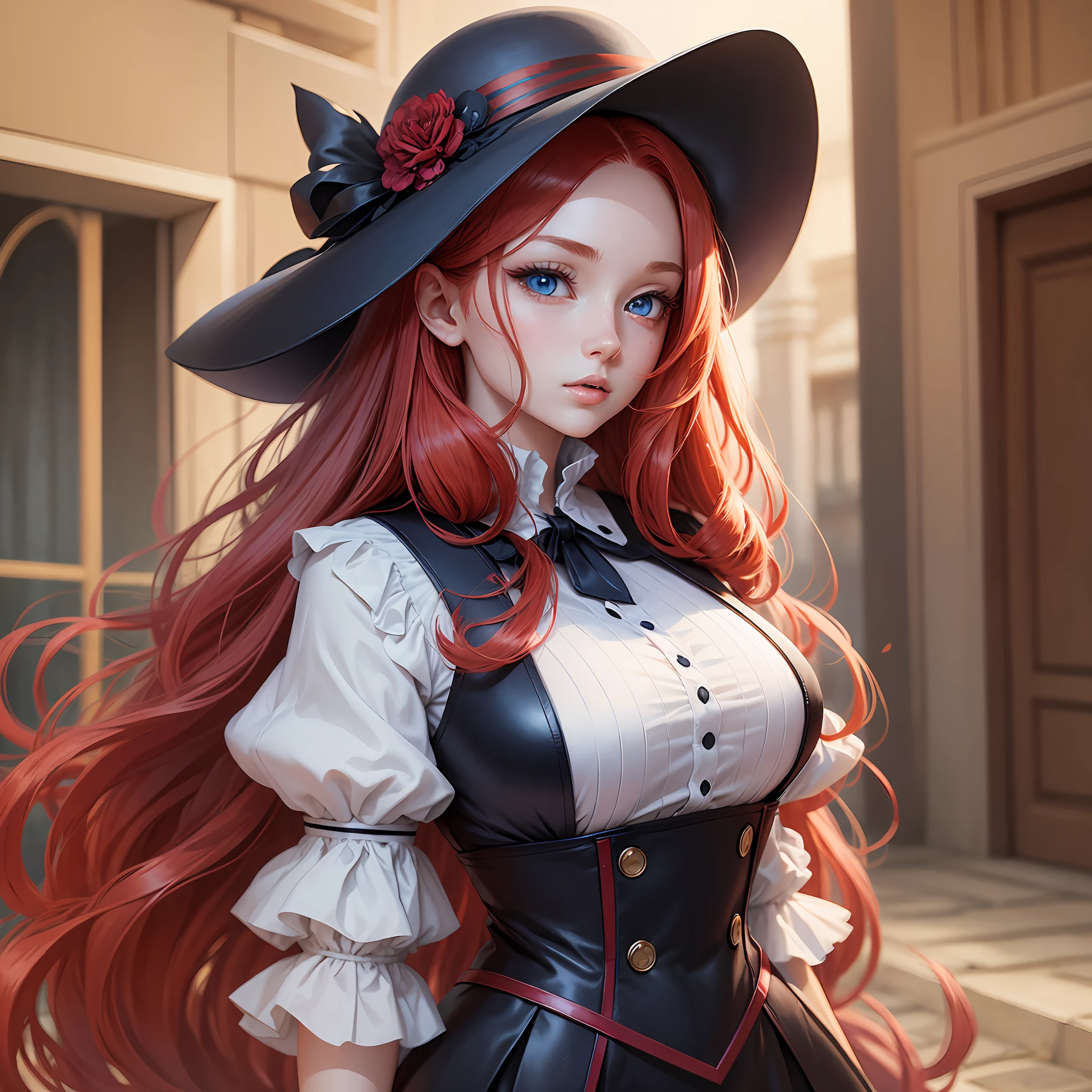 A beautiful anime girl with long red hair, blue eyes, a beautiful and delicate face, wears a more formal outfit, has beautiful curves on her body, has a strong personality, is 1.79 tall, her lips have a slightly pinkish tone as well as her own face. --auto --s2
