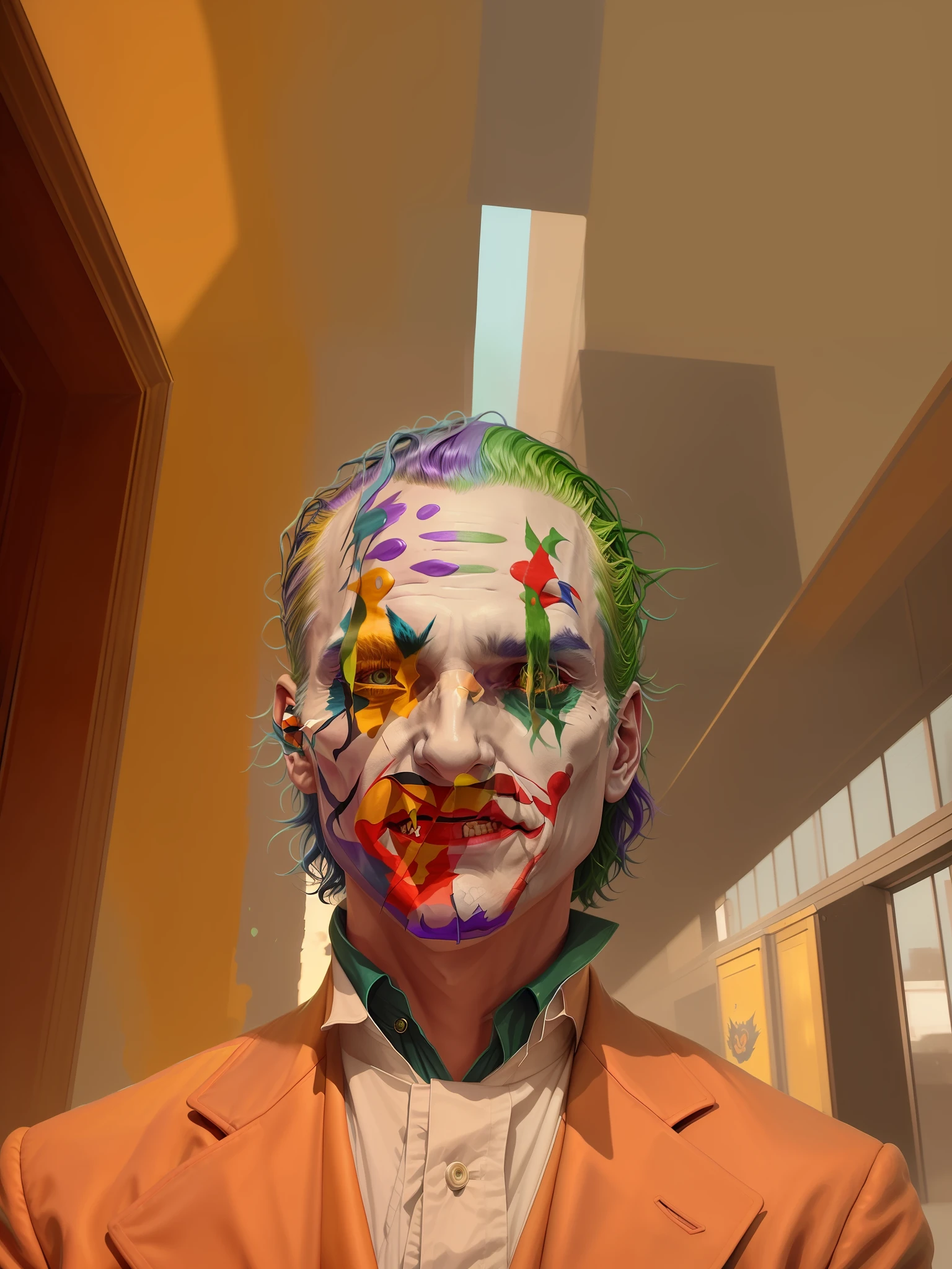 joker painting of a man with green hair and a yellow jacket, digital art by Nicholas Marsicano, reddit, digital art, portrait of joker, portrait of the joker, portrait of a joker, the joker, joker, from joker (2019), #1 digital painting of all time, # 1 digital painting of all time, film still of the joker