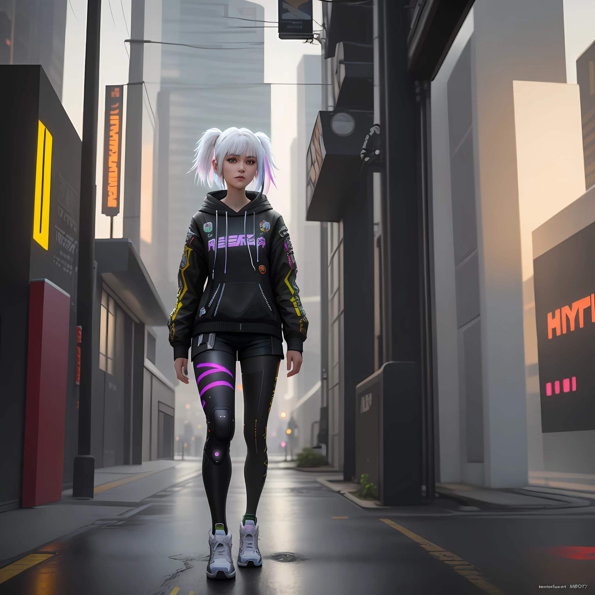 8k realistic style, EVA tights, long white hair, rainbow color pick dye, 18 years old short hair girl, front, cyberpunk 2077