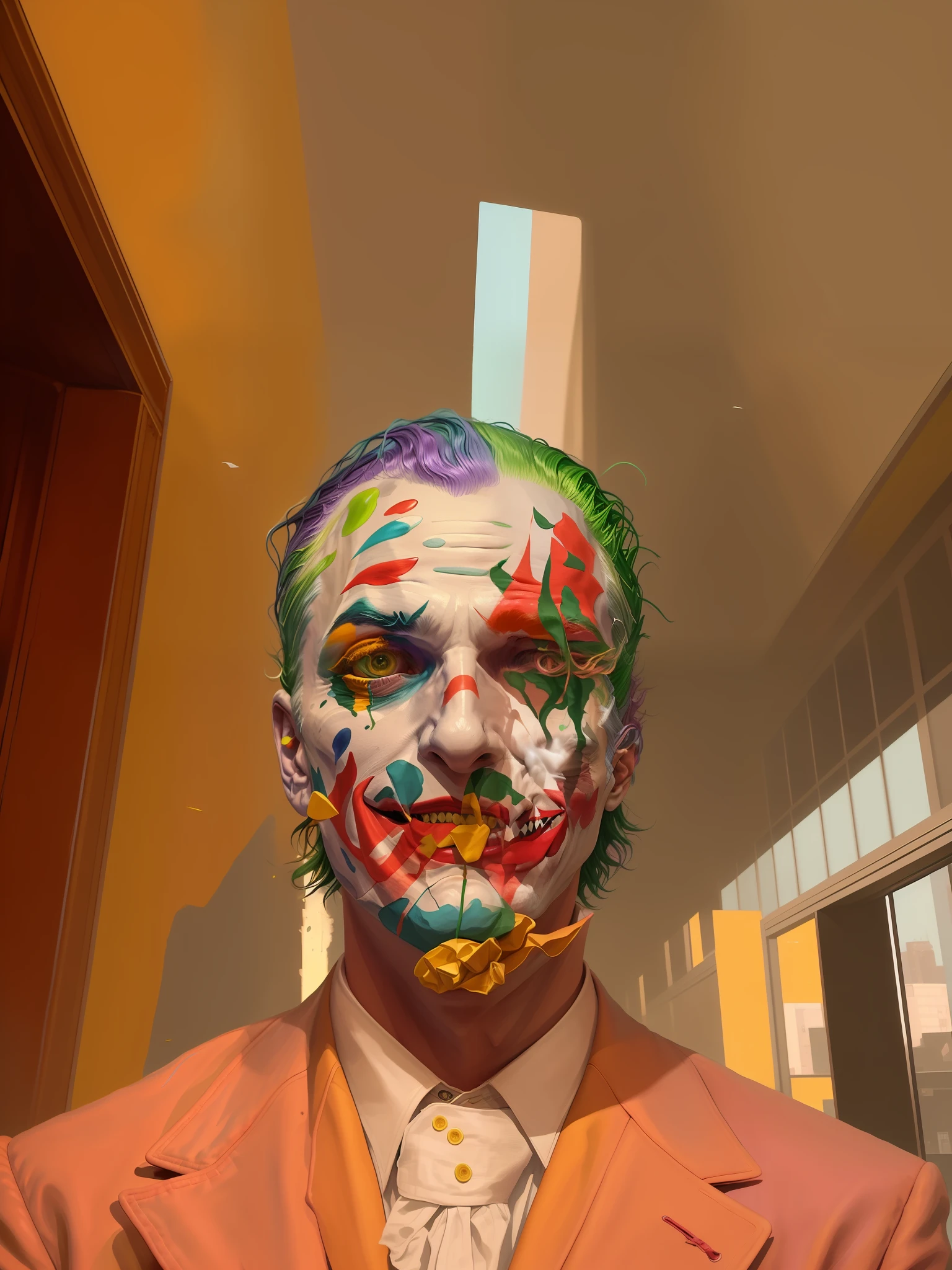 joker painting of a man with green hair and a yellow jacket, digital art by Nicholas Marsicano, reddit, digital art, portrait of joker, portrait of the joker, portrait of a joker, the joker, joker, from joker (2019), #1 digital painting of all time, # 1 digital painting of all time, film still of the joker
