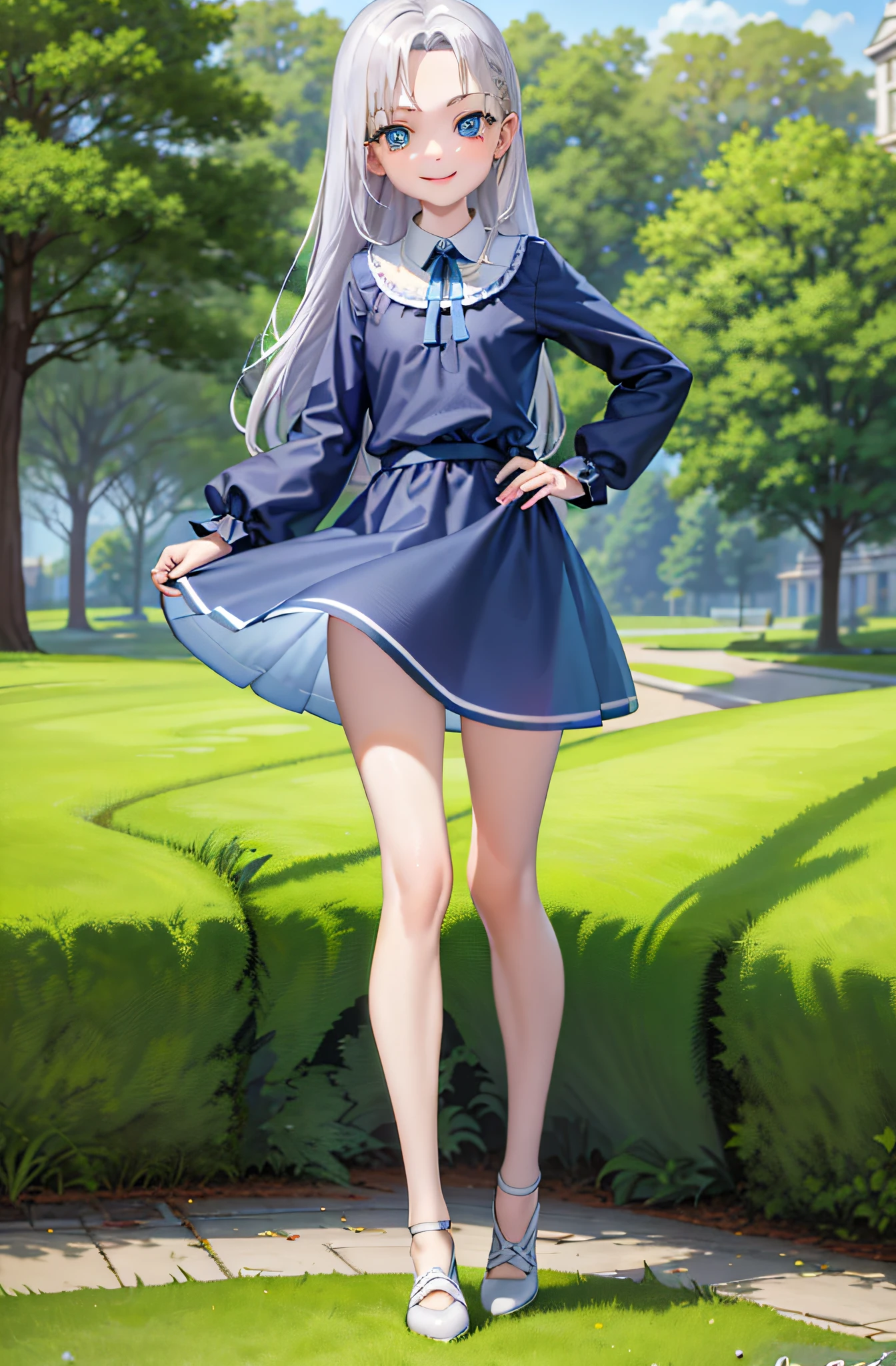 (best quality:1.1), (masterpiece:1.4), (absurdres:1.0), portrait, close-up, , silver hair, small breast, blue eyes, long hair, wearing bikini, looking at viewer, in the park, smile,