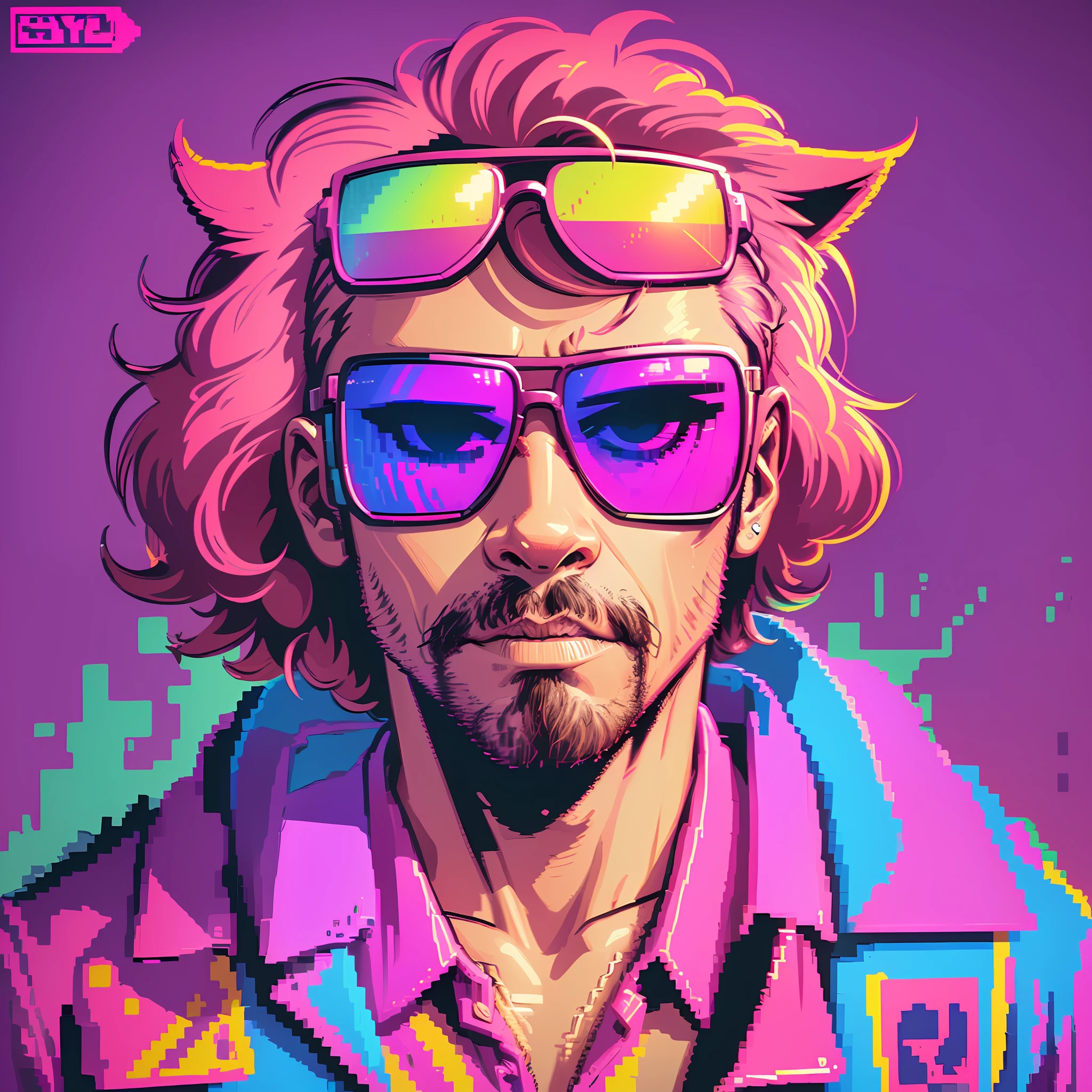 A pixel dog with sunglasses and a red Hawaiian shirt, from Hotline Miami, pixel art, ( ( ( ( Synthwave ) ), Vaporwave Cartoon, Hotline Miami, Vaporwave style, High Quality Pixel Art, Outrun Art Style, Retro Pink Synthwave Style, Telegram Sticker, Synthwave Art, Vaporwave Art --auto --s2