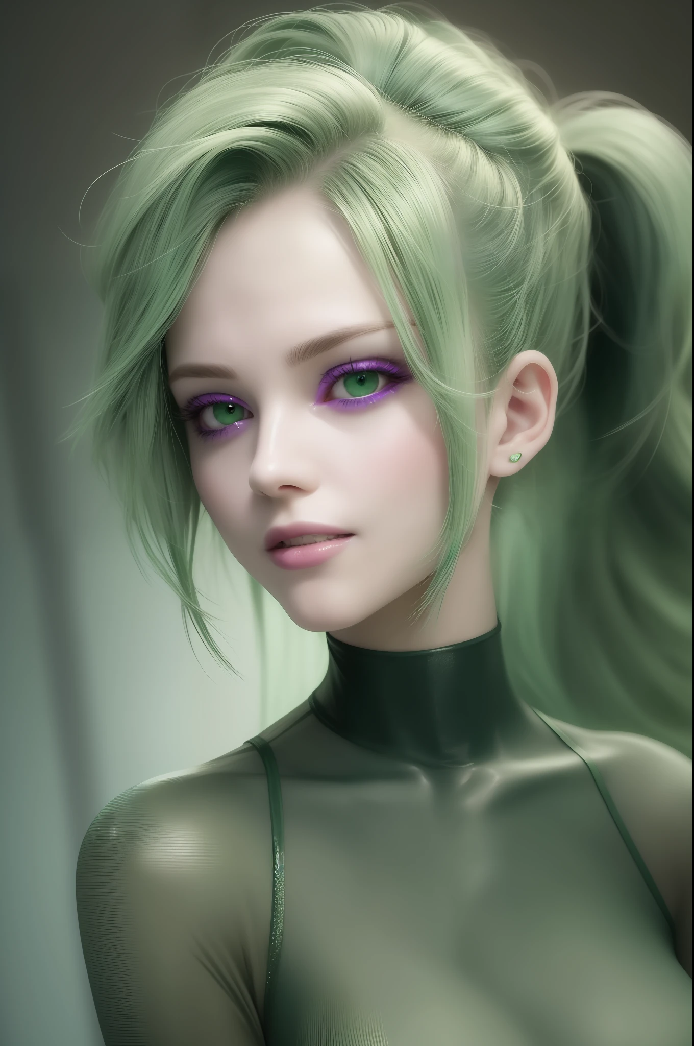 best quality, masterpiece, realistic, 2 women, 22 years old,lilac and green hair, transparent sweater, post-apocalyptic, upper body, detailed face, beautiful green eyes, (wide smile:1.5), dramatic, vibrant and sharp focus, Amazing Neon Lighting