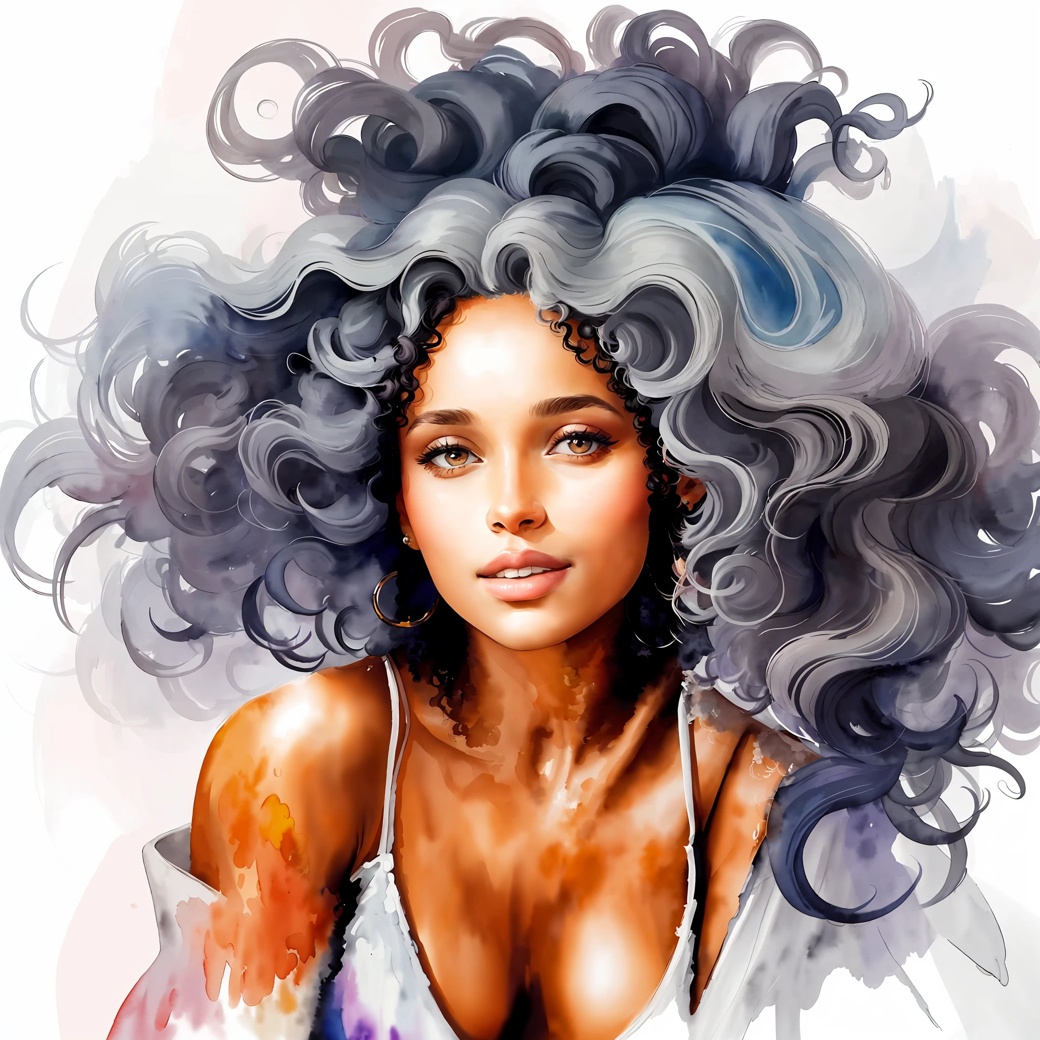 painting of a woman with grey afro curles fashionably styled hair detailed color portrait, watercolor digital painting, in style of digital illustration, color portrait, artistic illustration, watercolor painting style, high quality portrait,