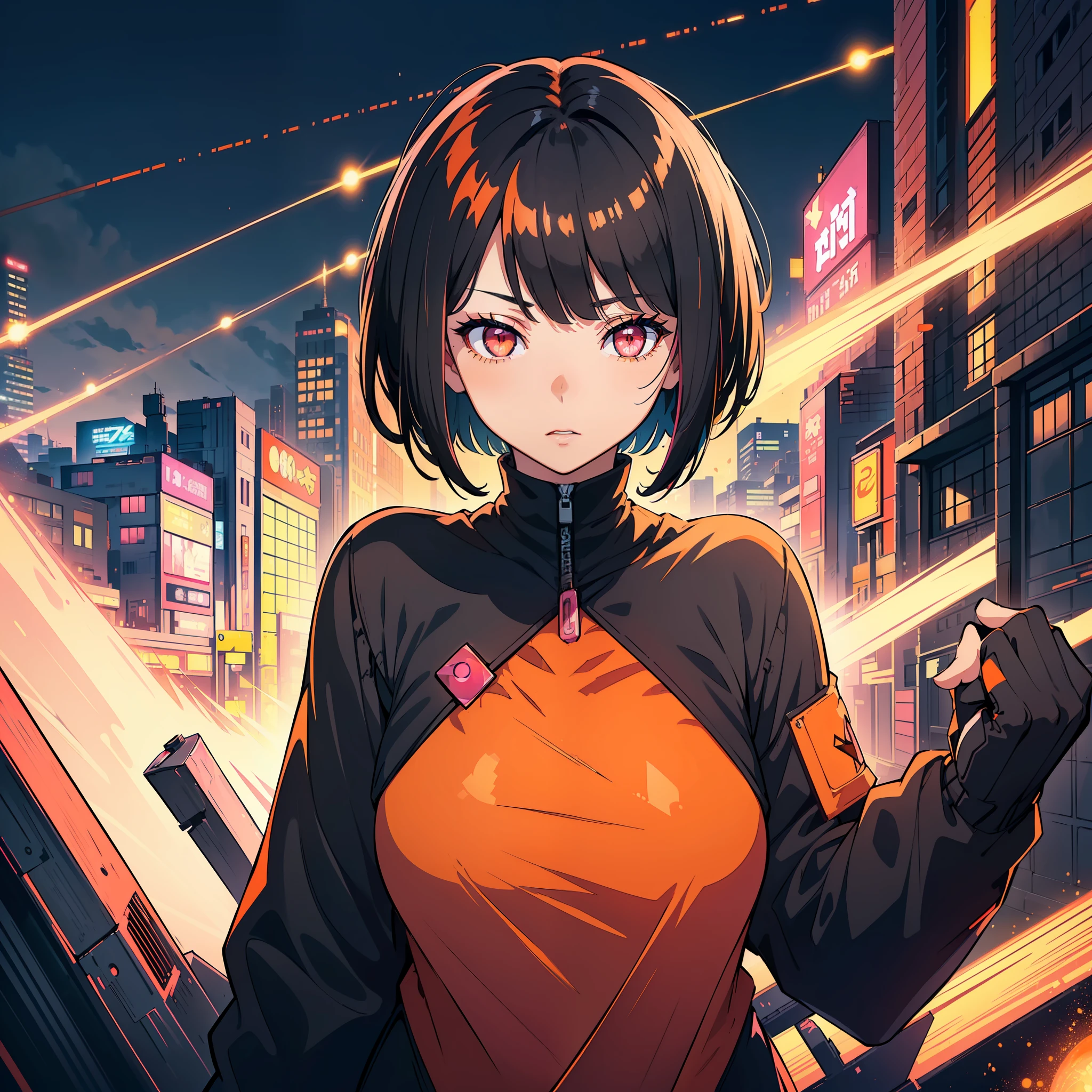 (masterpiece, best quality), ((1girl, (mature)), (black hair, short hair, hair with bangs, hair with orange stirs, beautiful hair), (pink eyes, beautiful eyes, eye highlights, sharp eyes)), (simpler background, dark background, city background), (highres, chromatic freak), cyberpunk clothing