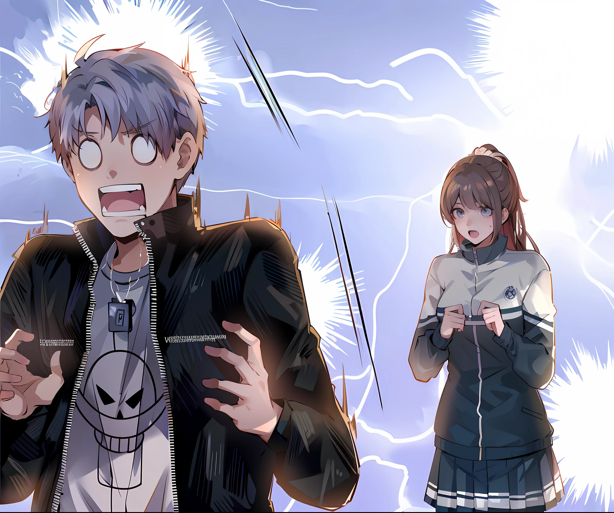Anime characters in lightning background scene, frightened, 4 k manga wallpaper, Danganronpa digital art, badass anime 8 K, visual novel CG, high school background, epic anime style, best anime 4k konachang wallpaper, 8K! , anime moe art style, popular in pixiv, ; Visual novel, PIXIV with the highest rating, high-quality fan work