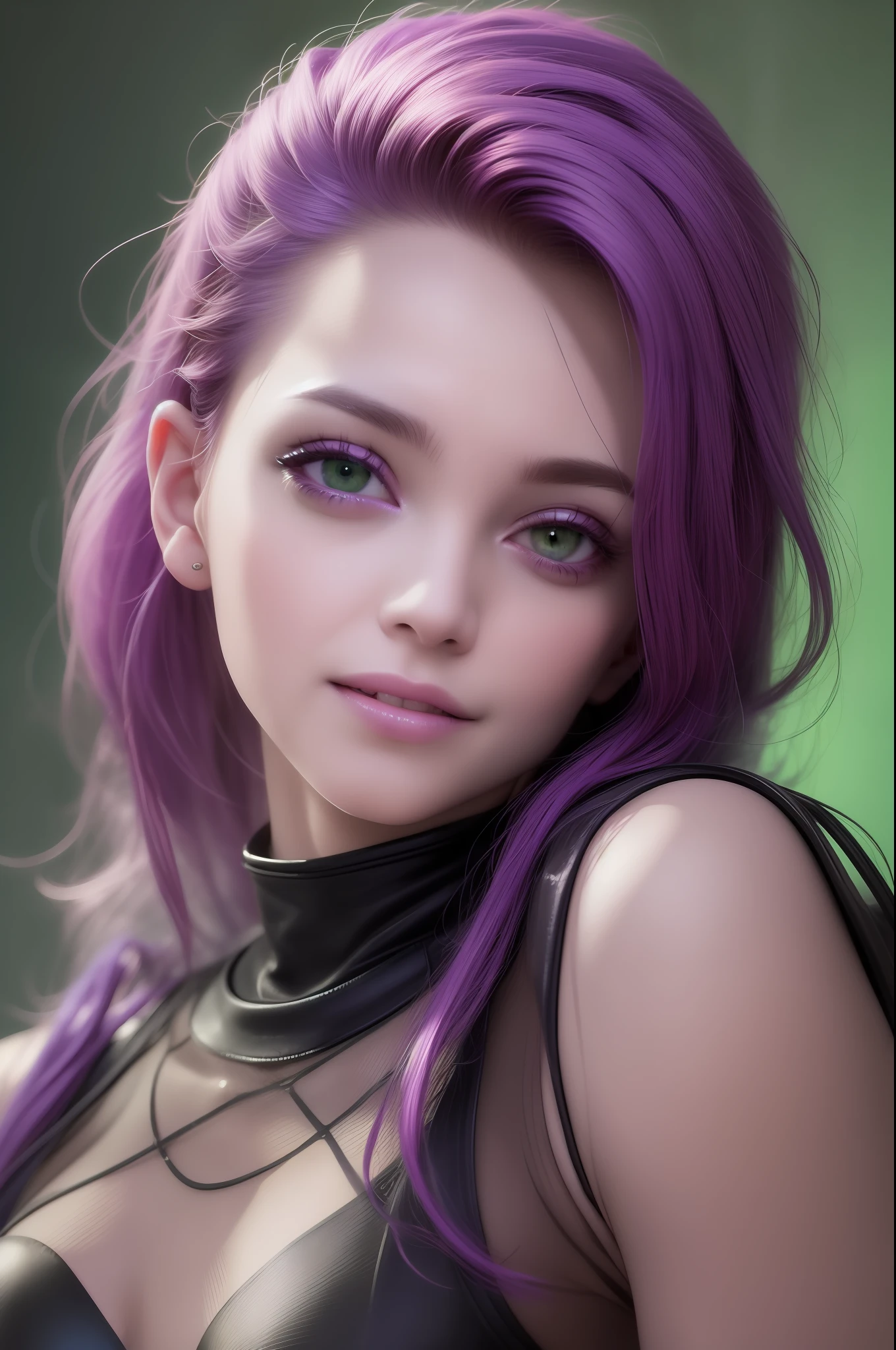 best quality, masterpiece, realistic, 2 women, 22 years old,purple hair, transparent sweater, post-apocalyptic, upper body, detailed face, beautiful green eyes, (wide smile:1.5), dramatic, vibrant and sharp focus, Amazing Neon Lighting