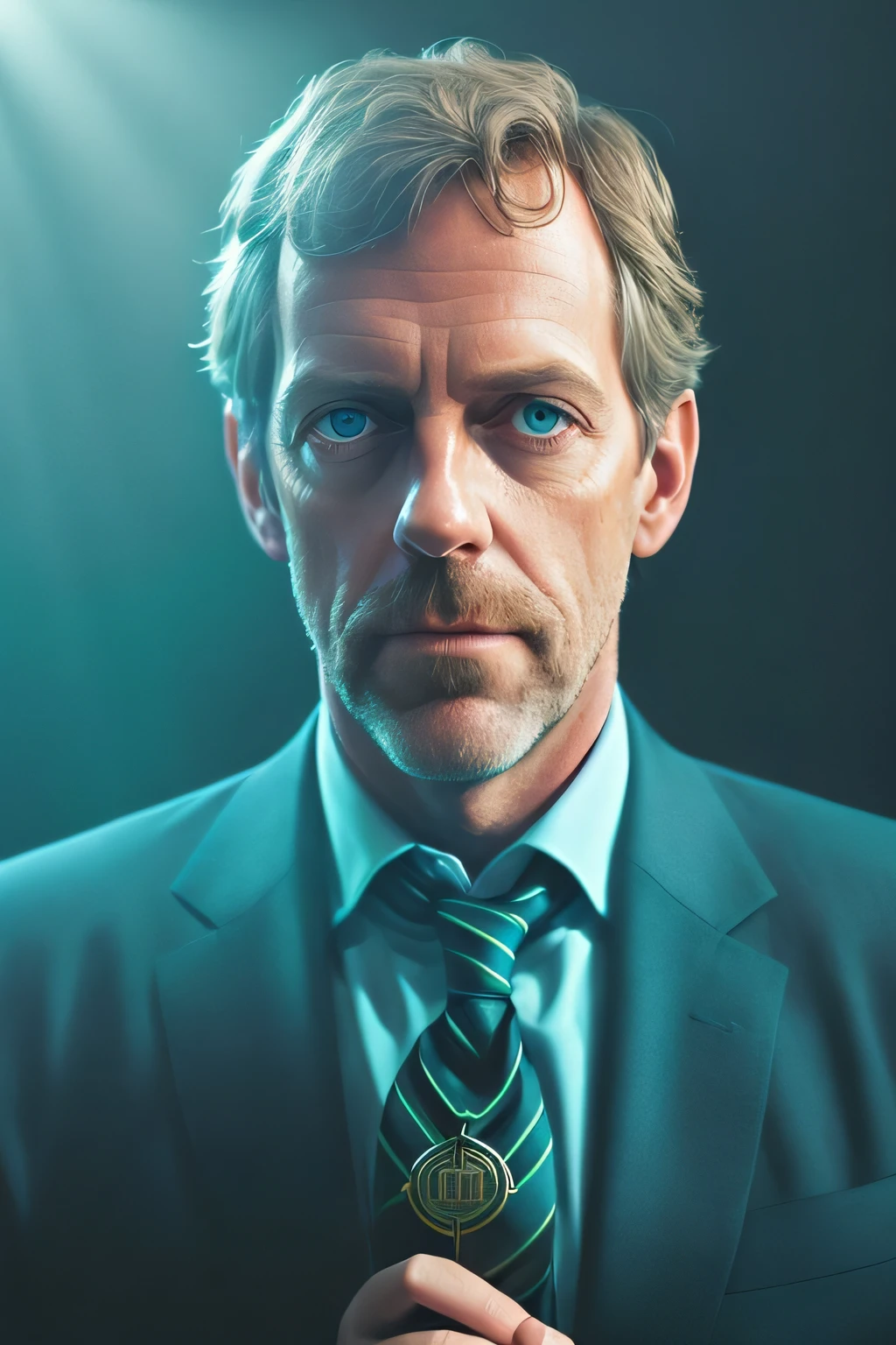 portrait of a award winning photo of hugh laurie posing in a dark studio, (rim lighting,:1.4) two tone lighting, sharp focus, teal hue, octane, unreal, dimly lit, low key,