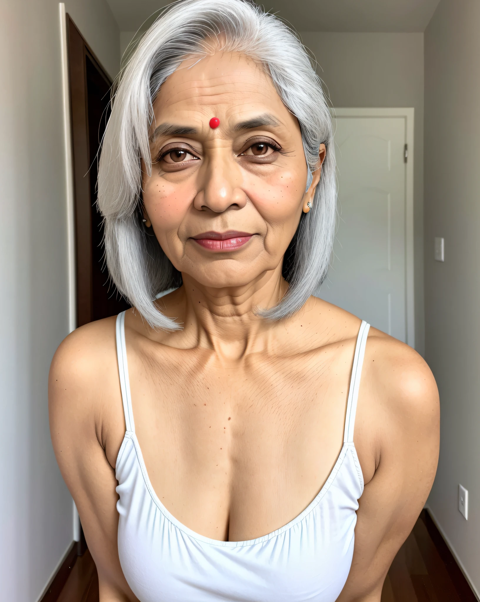 front facing nude mature indian aunty silver hair dusky brown skin giving a pov white veins