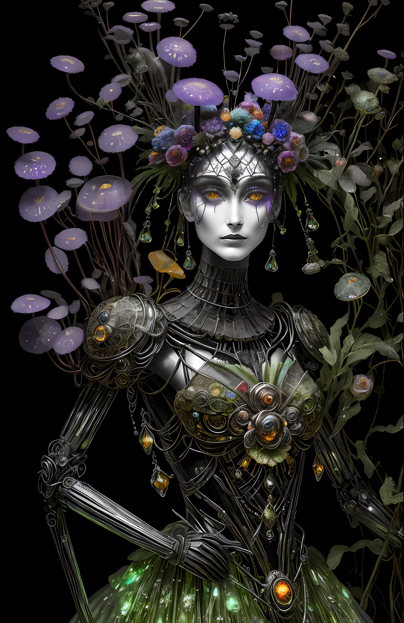 "Rosen maiden, (masterpiece, best quality), (illustration), strange fungal disease dense forest, transparent sticky substance, caustics, crystals, close-up, intricate details, dark background, sparkling spores, rainbow crystals, darkness", made of metal, cyborg: 1.1, [detailed wire]: 1.3, (complex details), HDR, (complex details, hyperdetailed: 1.2),