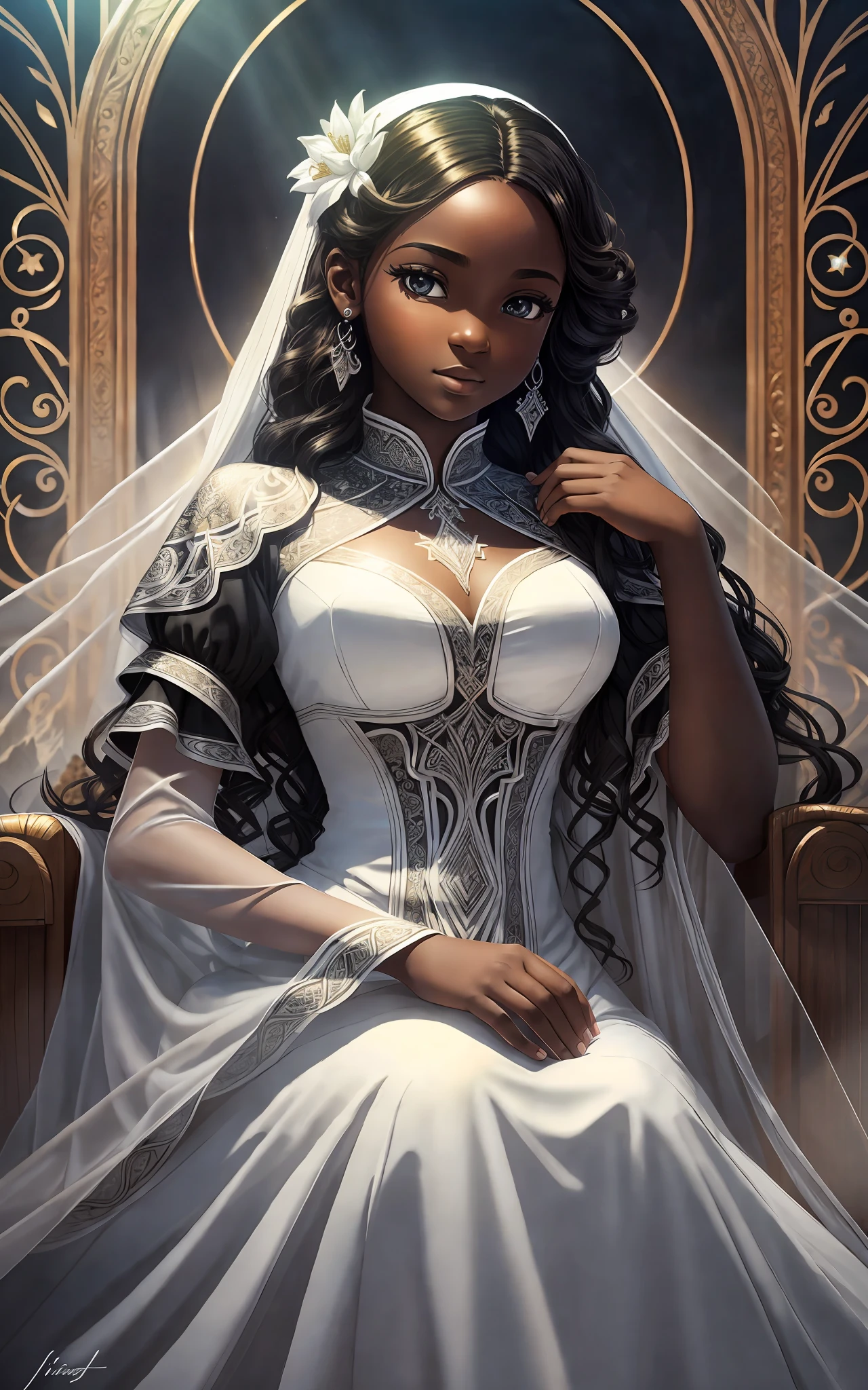 award winning 64k concept art of (black 1girl:1.2) in white majestic dress sitting on the throne in the mountains, posing, epic, god rays, centered, (masterpiece:1.2), (best quality:1.2), Amazing, highly detailed, beautiful, finely detailed, warm soft color grading, Depth of field, extremely detailed 8k, fine art, stunning, iridescent, shiny, (light reflections:1.2), (crisp:1.5), curls, wind, vibrant, sunlit, (edge detection:1.2)