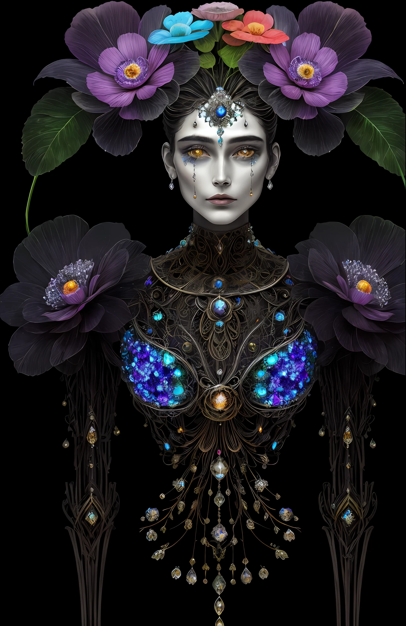 "Rosen maiden, (masterpiece, best quality), (illustration), strange fungal disease dense forest, transparent sticky substance, caustics, crystals, close-up, intricate details, dark background, sparkling spores, rainbow crystals, darkness", made of metal, cyborg: 1.1, [detailed wire]: 1.3, (complex details), HDR, (complex details, hyperdetailed: 1.2),