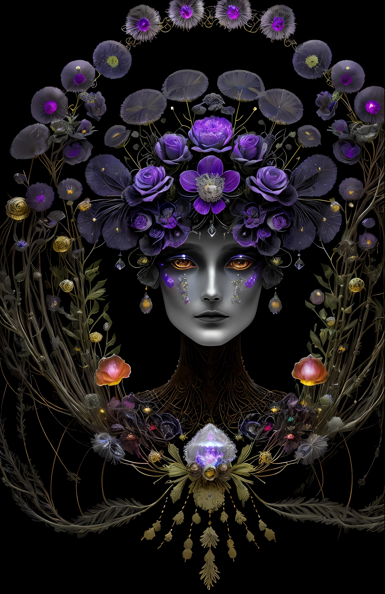 "Rosen maiden, (masterpiece, best quality), (illustration), strange fungal disease dense forest, transparent sticky substance, caustics, crystals, close-up, intricate details, dark background, sparkling spores, rainbow crystals, darkness", made of metal, cyborg: 1.1, [detailed wire]: 1.3, (complex details), HDR, (complex details, hyperdetailed: 1.2),