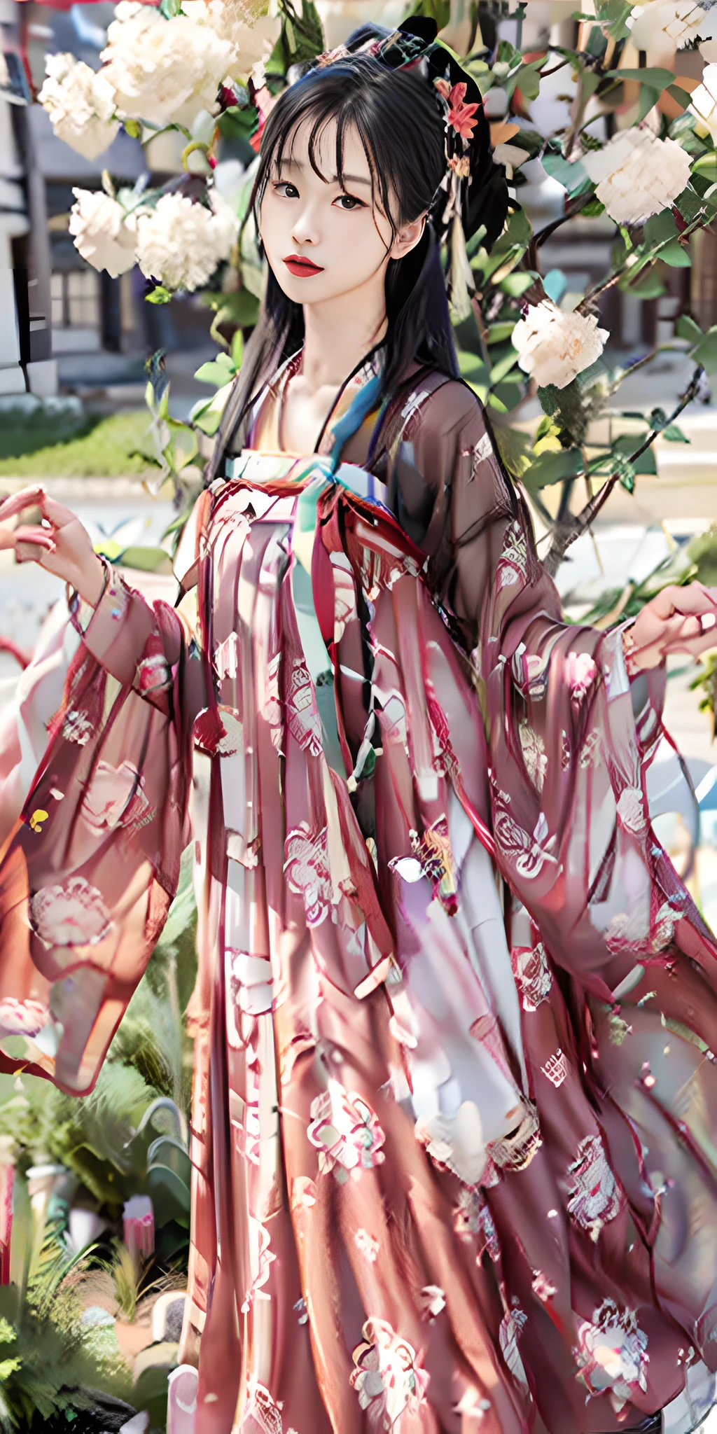 Masterpiece, black_hair, 1 Girl, Looking at the Audience, long_hair, nail_polish, Solo, Ancient Art, Chinese, (8K, Best Quality, Masterpiece: 1.2), (Realistic, Realistic:1.2), (Background Sky: 1.2), (Bust Photo: 1.7), Looking at the Audience, Hanfu, 1girl, (Red Flower Pine Ink: 1.1), Close-up of the face, Detailed face, Hanfu, Tang system, Chest-length skirt, pleated skirt,cinematic lighting, motion blur, ray tracing, god rays, bloom, drop shadow, close-up, lens flare, UHD, masterpiece, ccurate, anatomically correct, textured skin, super detail, high details, high quality, award winning, best quality, highres, 16k, HD, accurate, correct hand, (anatomically correct: 1.5),