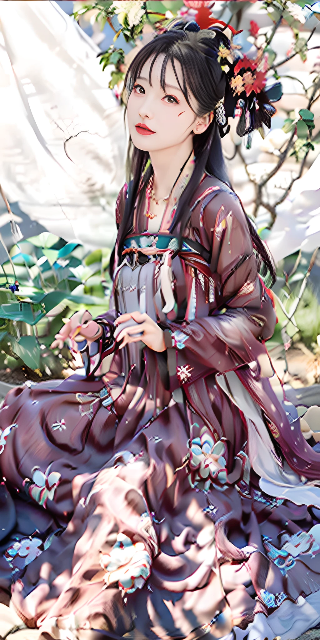 Masterpiece, black_hair, 1 Girl, Looking at the Audience, long_hair, nail_polish, Solo, Ancient Art, Chinese, (8K, Best Quality, Masterpiece: 1.2), (Realistic, Realistic:1.2), (Background Sky: 1.2), (Bust Photo: 1.7), Looking at the Audience, Hanfu, 1girl, (Red Flower Pine Ink: 1.1), Close-up of the face, Detailed face, Hanfu, Tang system, Chest-length skirt, pleated skirt，cinematic lighting, motion blur, ray tracing, god rays, bloom, drop shadow, close-up, lens flare, UHD, masterpiece, ccurate, anatomically correct, textured skin, super detail, high details, high quality, award winning, best quality, highres, 16k, HD, accurate, correct hand, (anatomically correct: 1.5),