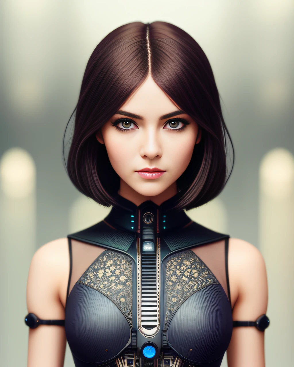 no symmetry, (full body:1.2), ultra detailed cute girl, realistic beautiful eyes with long eyelashes, hyper detailed, smooth, sharp focus, ray tracing, instaport style, smooth soft skin, beautiful girl with machine parts beautiful body, scifi, futuristic, utopian, machine parts, body parts, wires, circuits, highly detailed, octane render, cinematic, hauntingly surreal, gothic, highly detailed and intricate, rich deep colors sf, intricate artwork masterpiece, ominous, matte painting movie poster, trending on cgsociety, intricate, epic, trending on artstation, by artgerm, h. r. giger and beksinski, highly detailed, vibrant, production cinematic character render, ultra high quality model, ((full head and shoulders photography)), sharp, high detail, Vogue style, Nikon DSLR camera, 85mm lenses, symmetrical face, real skin, elegant, wild, brown, natural subtle makeup, mysterious, centered, light tan, emotion, blushing, studio lighting, round face, mystical, full body