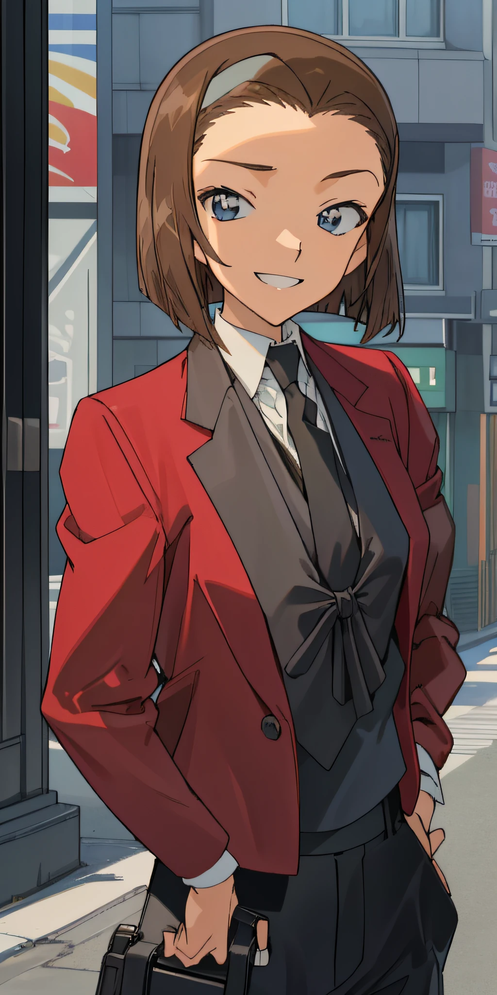 ((masterpiece)), (8k, high_resolution),(best quality), Sonoko, 1girl, solo, blue eyes, brown hair, short hair, bob hairstyle, smile, distance look, street, city, outdoor, beautiful eyes and detailed face, medium chest, ((black tie, red jacket, black wide pants, black pants: 1.2)), whole body