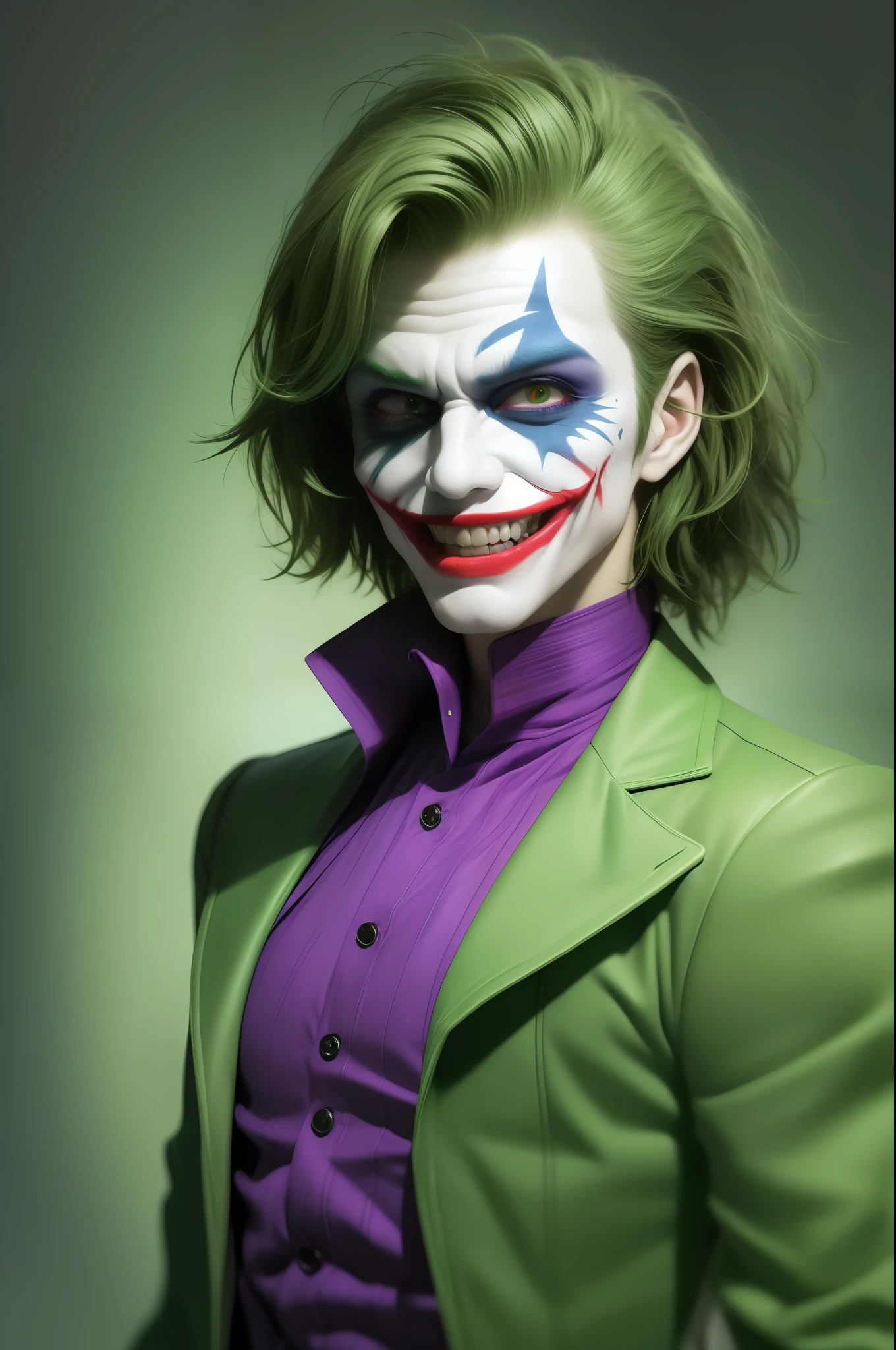 best quality, masterpiece, realistic, The Joker 22 years old,green hair, clothes in shades of green and purple, post-apocalyptic, upper body, detailed face, insane eyes, (wide smile:1.5), dramatic, vibrant and sharp focus, Amazing Neon Lighting background