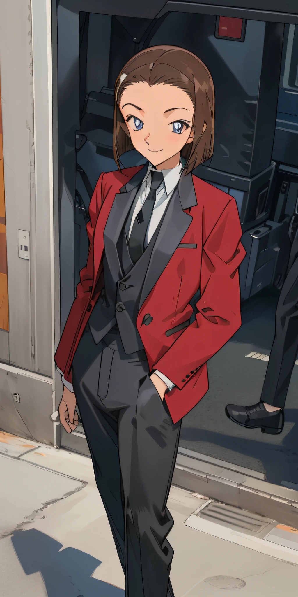 ((masterpiece)), (8k, high_resolution),(best quality), Sonoko, 1girl, solo, blue eyes, brown hair, short hair, bob hairstyle, smile, distance look, street, city, outdoor, beautiful eyes and detailed face, medium chest, ((black tie, red jacket, black wide pants, black pants: 1.2)), whole body