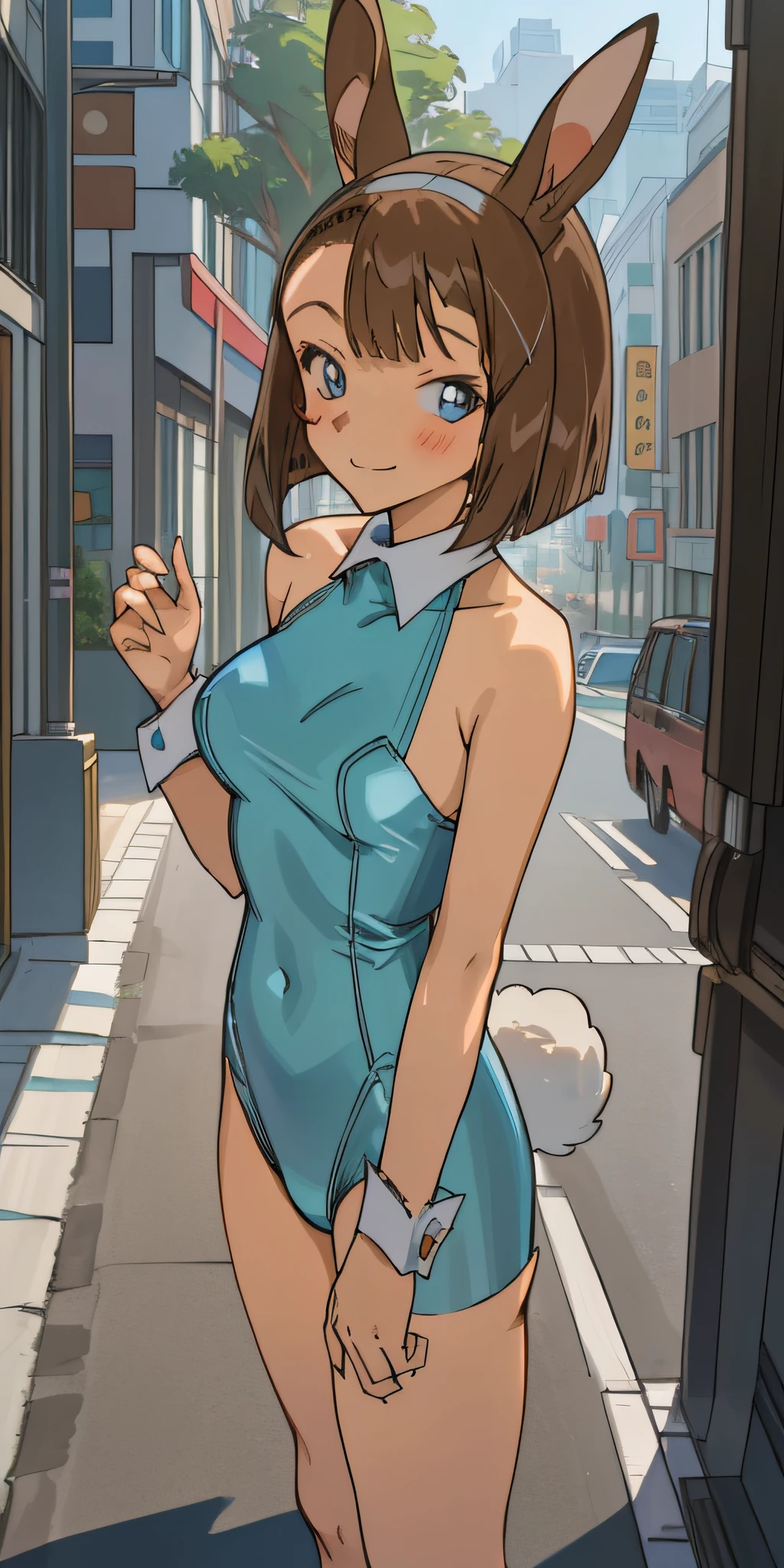 ((masterpiece)), (8k, high_resolution),(best quality), Sonoko, 1girl, solo, blue eyes, brown hair, short hair, bob hairstyle, smile, distance look, street, city, outdoor, beautiful eyes and detailed face, medium breasts, ((rabbit girl costume, rabbit girl: 1.2)), whole body