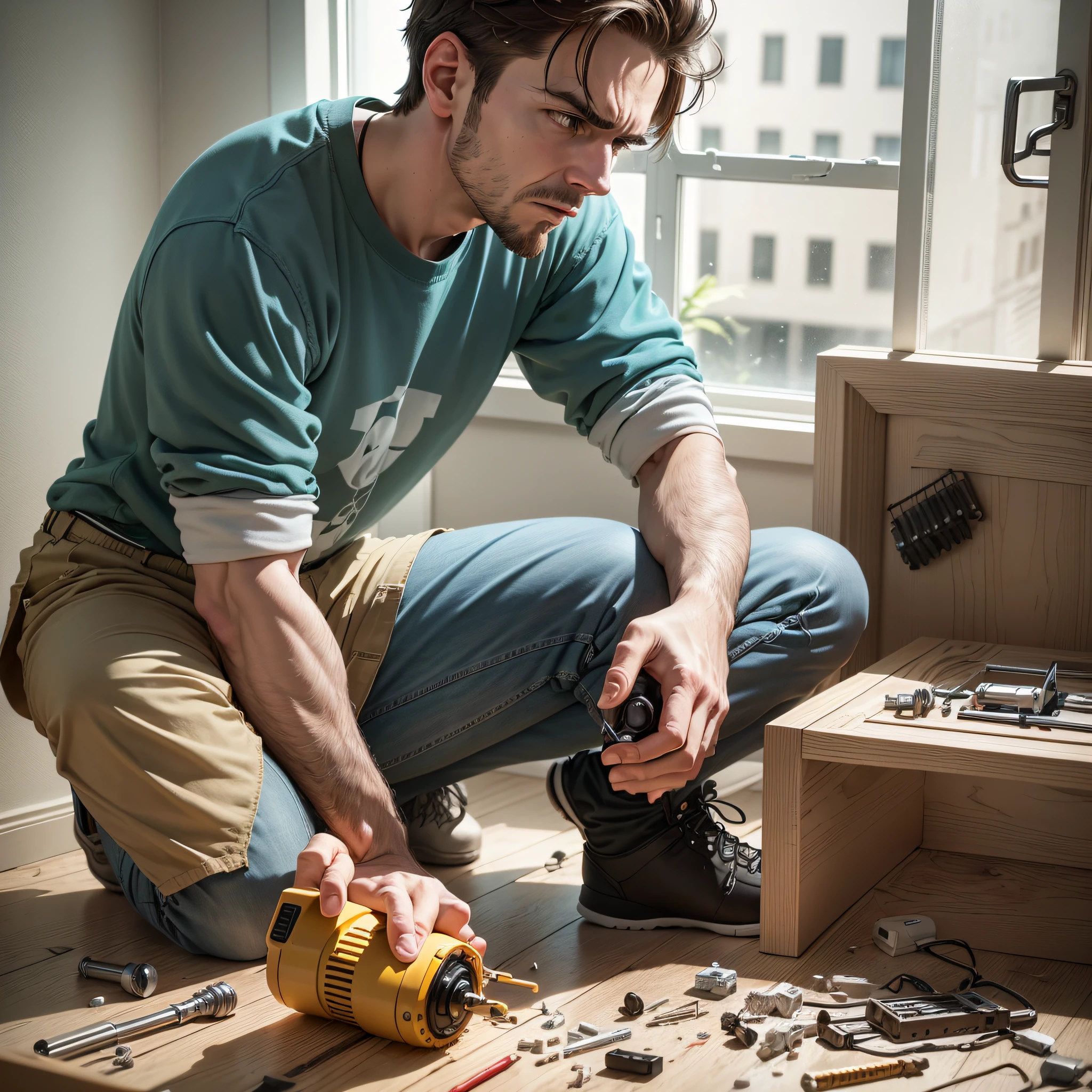 Describe a realistic image of a person trying to assemble a piece of furniture. The image shows a domestic environment with details such as white walls, wooden floors and a sunny window in the background. In the center of the image, there is a disassembled piece of furniture, composed of several pieces and hardware scattered around. The person, visibly confused, is sitting on the floor next to the furniture, with an expression of frustration on his face. She holds a screwdriver and an open instruction manual as she tries to figure out how to fit the pieces correctly. Some screws are loose and fallen to the ground, indicating previous attempts at assembly. The person is wearing comfortable clothes and has a slightly curved posture, demonstrating the concentration and challenge he faces. The image conveys an atmosphere of determination mixed with a slight sense of humor in the face of the situation, with the person displaying a mixture of emotions between the desire to finish the furniture and the difficulty in doing so. --auto --s2