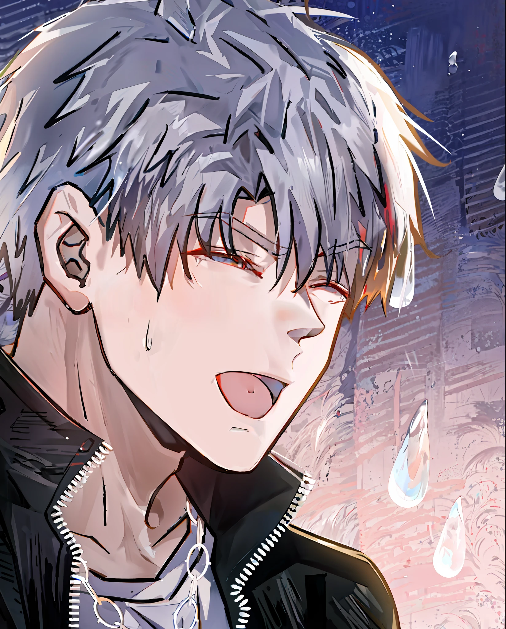 anime boy with grey hair and black jacket standing in the rain, ken kaneki, giga chad crying, he has dark grey hairs, kaneki ken, a silver haired mad, inspired by Gigadō Ashiyuki, inspired by Kun Can, his eyes are bleeding intense, handsome guy in demon slayer art, kaworu nagisa, water dripping off him