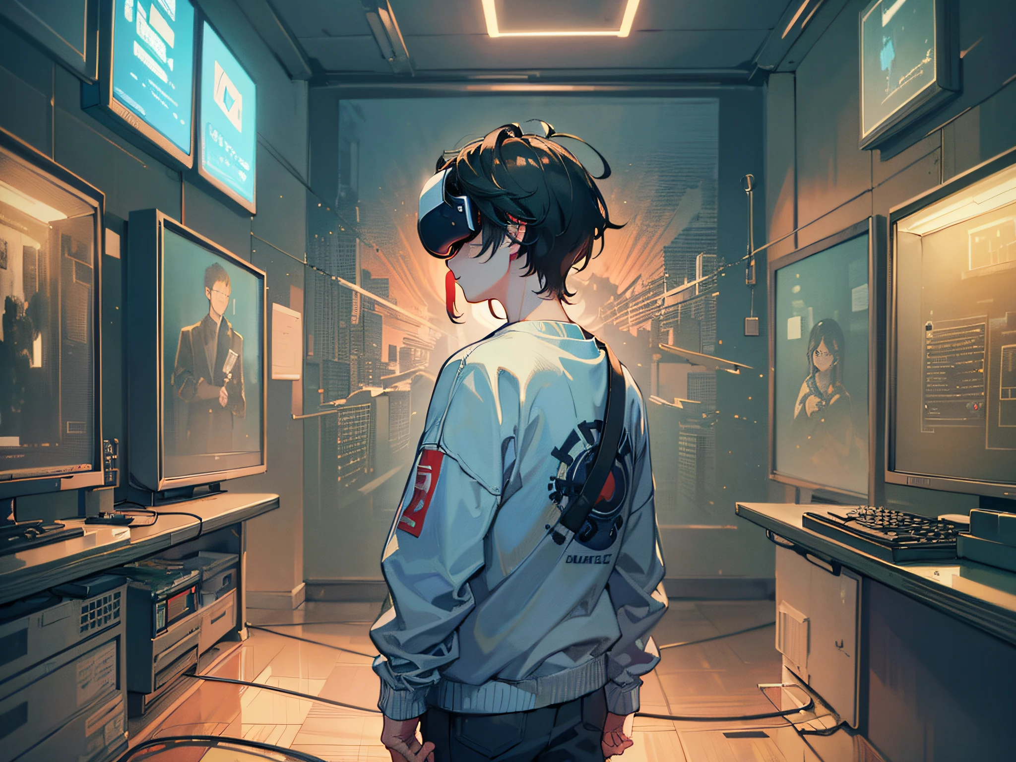 ((best quality)), ((ultra-detailed))). (((Masterpiece))), illustration. (A boy) was wearing a loose sweatshirt and loose pants. Pengsong's hair, in a dimly lit room, despair, virtual reality, futuristic environment, surrounded by screens and wires
