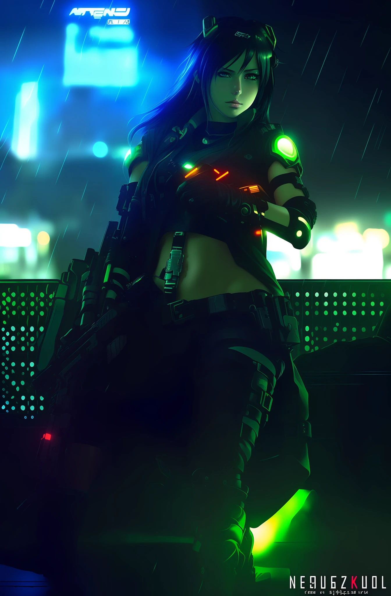 A closeup of a person with a gun in the rain, realistic Cyberpunk Digital Anime art, Realistic Cyberpunk Anime Art, Digital Cyberpunk Anime Mech, Digital Cyberpunk - realistic anime art, Cyberpunk theme art, Cyberpunk art style, muscular! Cyberpunk, Cyberpunk Anime Realistic Art, Cyberpunk Soldier, Neon Cyberpunk, Cyberpunk Style, Female Lucio, Cyberpunk Anime Girl, Neon Scales and Cyborg Tech, Neon Armor