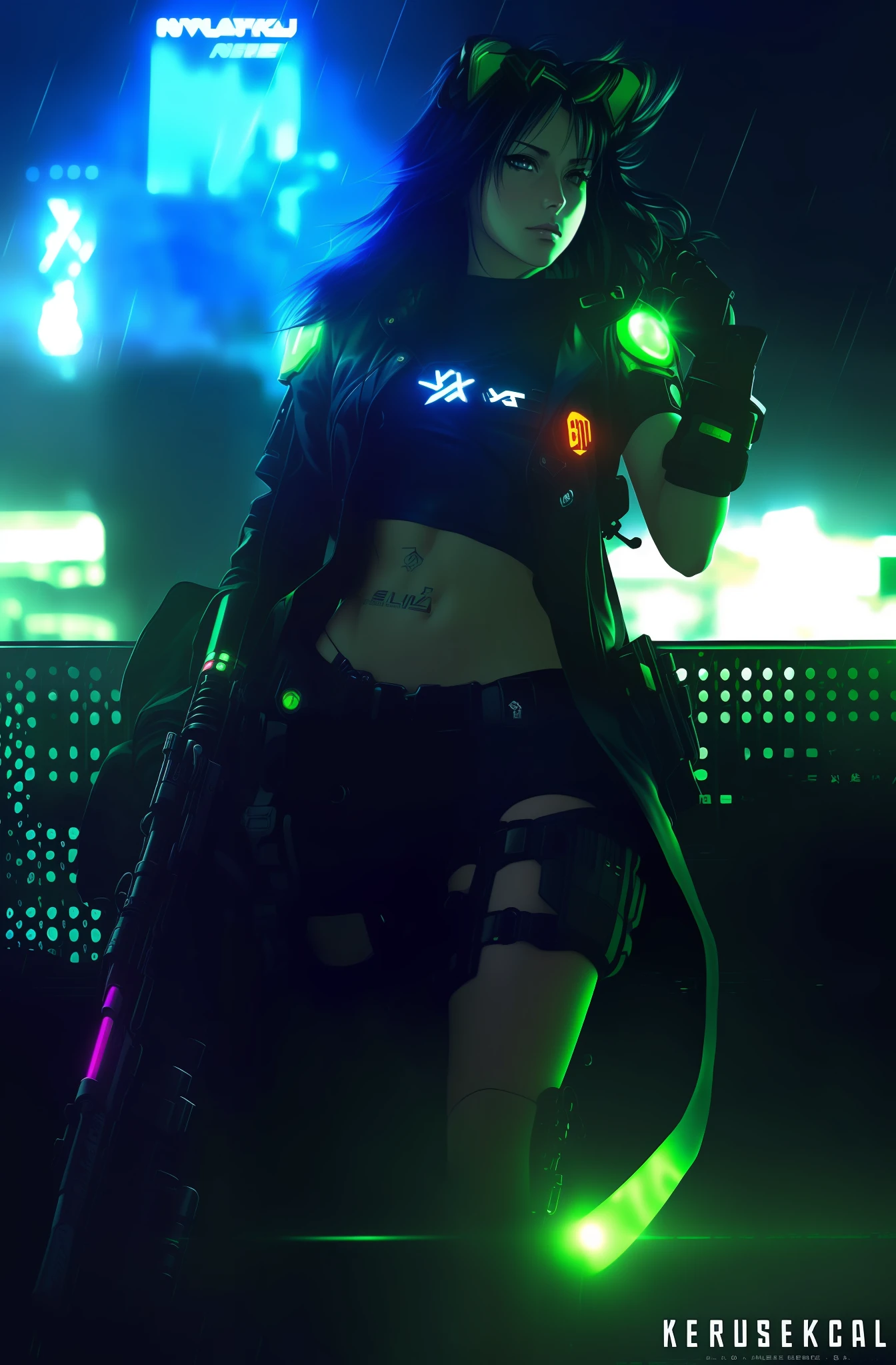A closeup of a person with a gun in the rain, realistic Cyberpunk Digital Anime art, Realistic Cyberpunk Anime Art, Digital Cyberpunk Anime Mech, Digital Cyberpunk - realistic anime art, Cyberpunk theme art, Cyberpunk art style, muscular! Cyberpunk, Cyberpunk Anime Realistic Art, Cyberpunk Soldier, Neon Cyberpunk, Cyberpunk Style, Female Lucio, Cyberpunk Anime Girl, Neon Scales and Cyborg Tech, Neon Armor