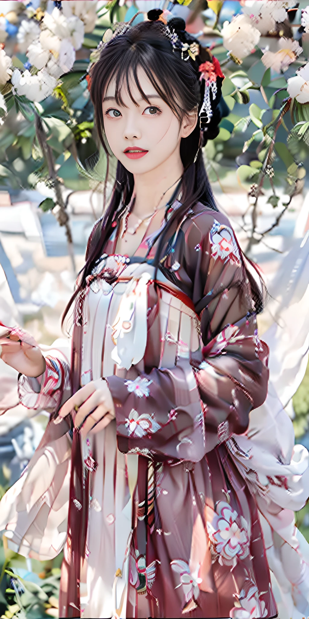 Masterpiece, black_hair, 1 Girl, Looking at the Audience, long_hair, nail_polish, Solo, Ancient Art, Chinese, (8K, Best Quality, Masterpiece: 1.2), (Realistic, Realistic:1.2), (Background Sky: 1.2), (Bust Photo: 1.7), Looking at the Audience, Hanfu, 1girl, (Red Flower Pine Ink: 1.1), Close-up of the face, Detailed face, Hanfu, Tang system, Chest-length skirt, pleated skirt,cinematic lighting, motion blur, ray tracing, god rays, bloom, drop shadow, close-up, lens flare, UHD, masterpiece, ccurate, anatomically correct, textured skin, super detail, high details, high quality, award winning, best quality, highres, 16k, HD, accurate, correct hand, (anatomically correct: 1.5),
