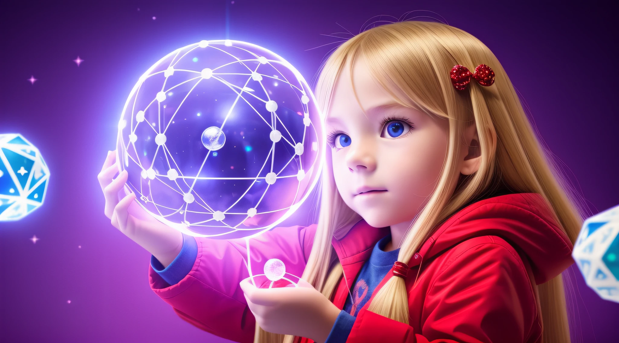 CHILD GIRL WITH LONG BLONDE HAIR IN RED JACKETS, holding a glowing ball in his hands, mage pondering his orb, holding a glowing orb of dice, he is casting an illumination spell, holding a glowing orb, holding a crystal ball, psychic, crystal ball, cool marketing photo, stock photo, predicting the future,  stock image, plasma globe, well-lit professional photo, magic,