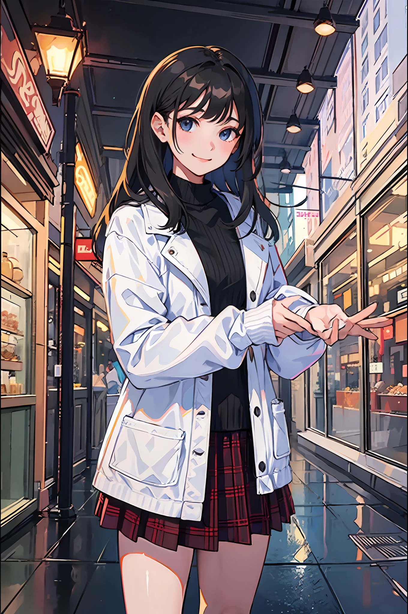 (morning), 1girl, solo, looking at viewer, winter, cowboy shot, (downtown), cowboy shot, smile, black hair