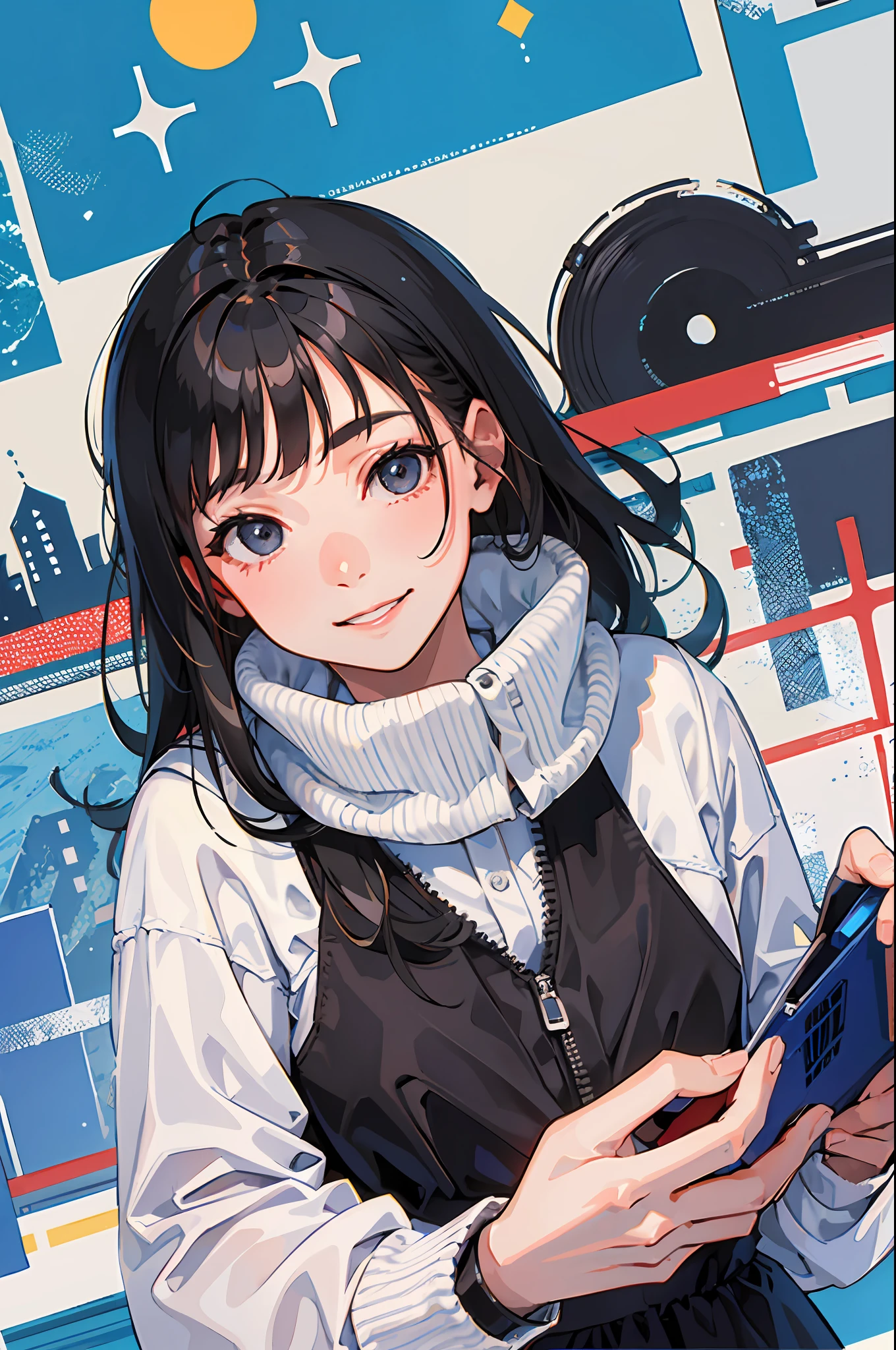 (morning), 1girl, solo, looking at viewer, winter, cowboy shot, (downtown), cowboy shot, smile, black hair