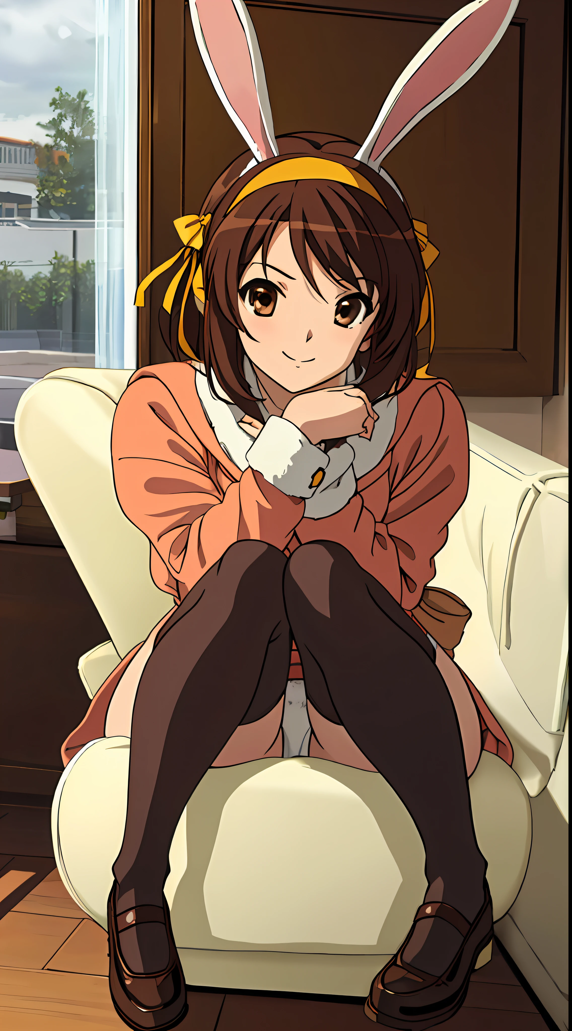 masterpiece, best quality, high definition, 1girl, solo, one, superhero, ((rabbit girl costume, rabbit girl, rabbit girl only, no clothes)), stockings, brown hair, short hair, brown eyes, hair headband, medium hair, ribbon, shoes, matching shoes, medium chest, sitting, smiling, in the room, Haruhi Suzumiya, Kyoi Haruhi style, autumn, winter, cloudy, very detailed face
