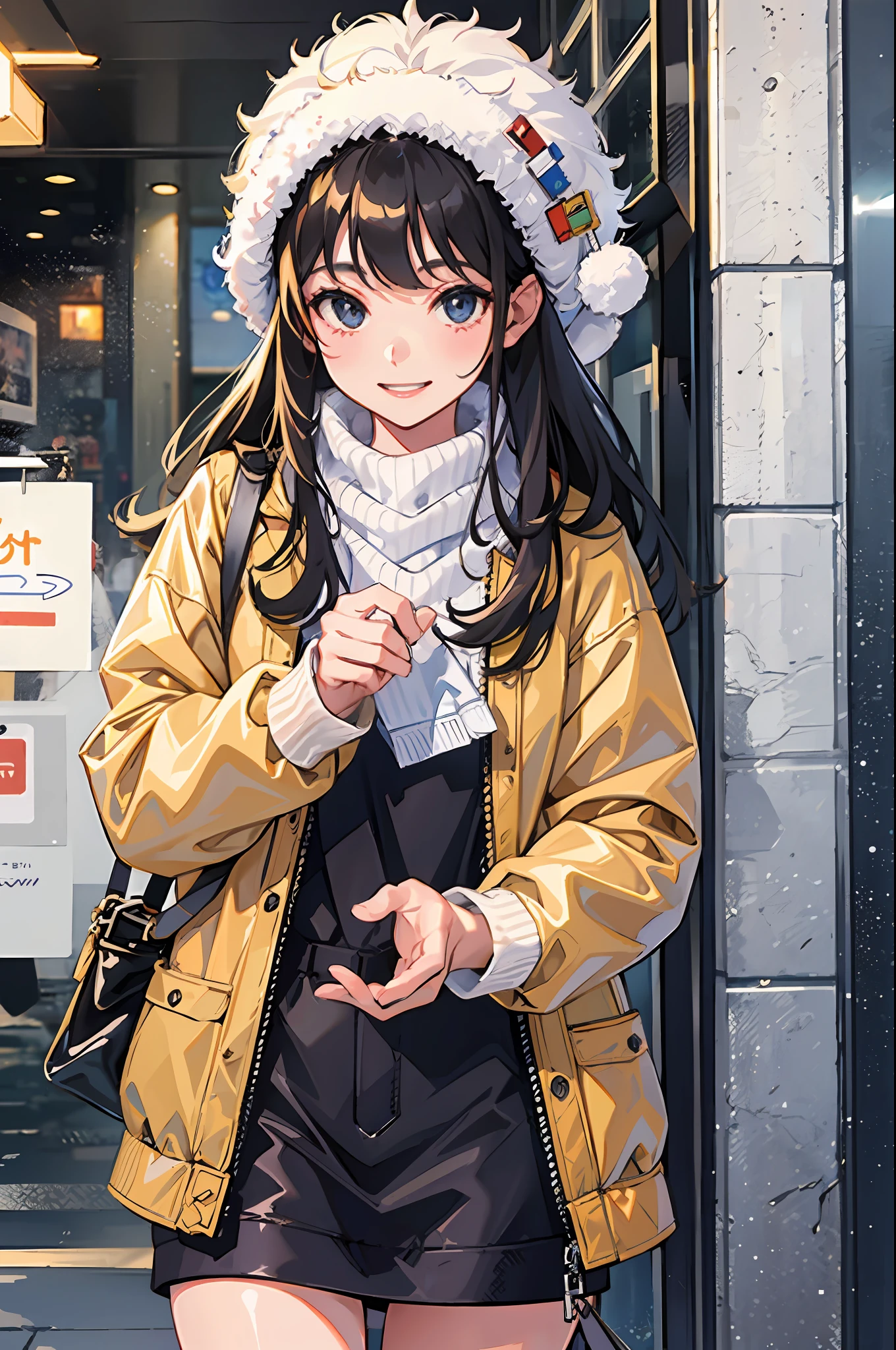 (morning), 1girl, solo, looking at viewer, winter, cowboy shot, (downtown), cowboy shot, smile, black hair