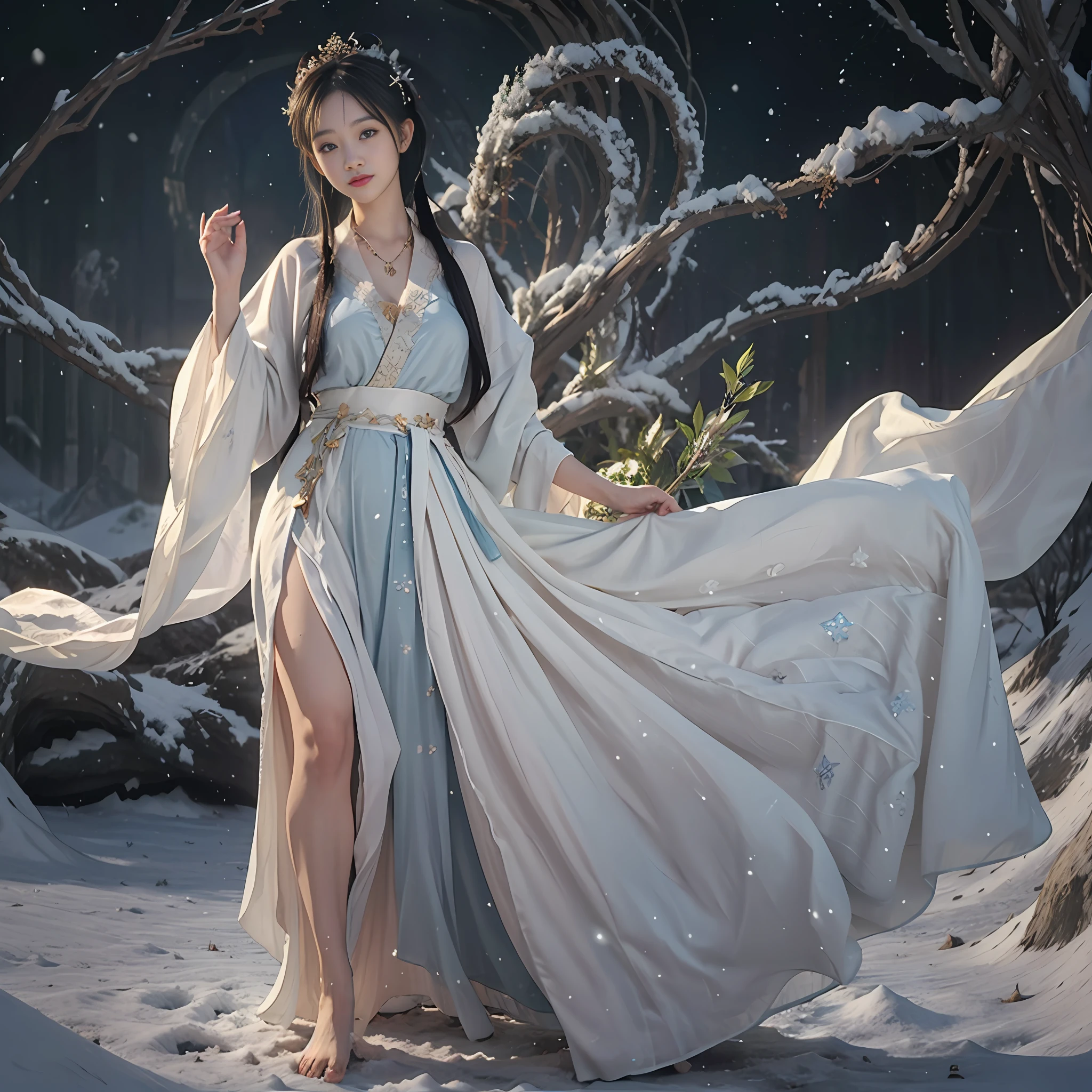 Vast landscape photo, above is the sky in the middle is the snow mountain below, a girl standing on the snow looking up, exquisite background, winter, snow mountain, BREAK making art, (cold light source: 1.2), intricate details, volumetric lighting BREAK (Masterpiece: 1.2), (Best Quality), 4k, Ultra Detailed, (Dynamic Composition: 1.4), Rich Detail, (Solo: 1.2), Blush, Extra Lots of Details, Delicate Hair, Messy Hair, Smile, Hanfu, Slip Dress, Perfect Hand, Right Hand, Sapphire Pendant, Blue Pupil, Ice Mage, Snowscape, Snow, Snowflake, Glacier, Arctic, Blue Crystal, Lots of Blue White, Dreamy, Mythical, Perfect Cloud, Legs Exposed, Bare Feet, Thighs Exposed,