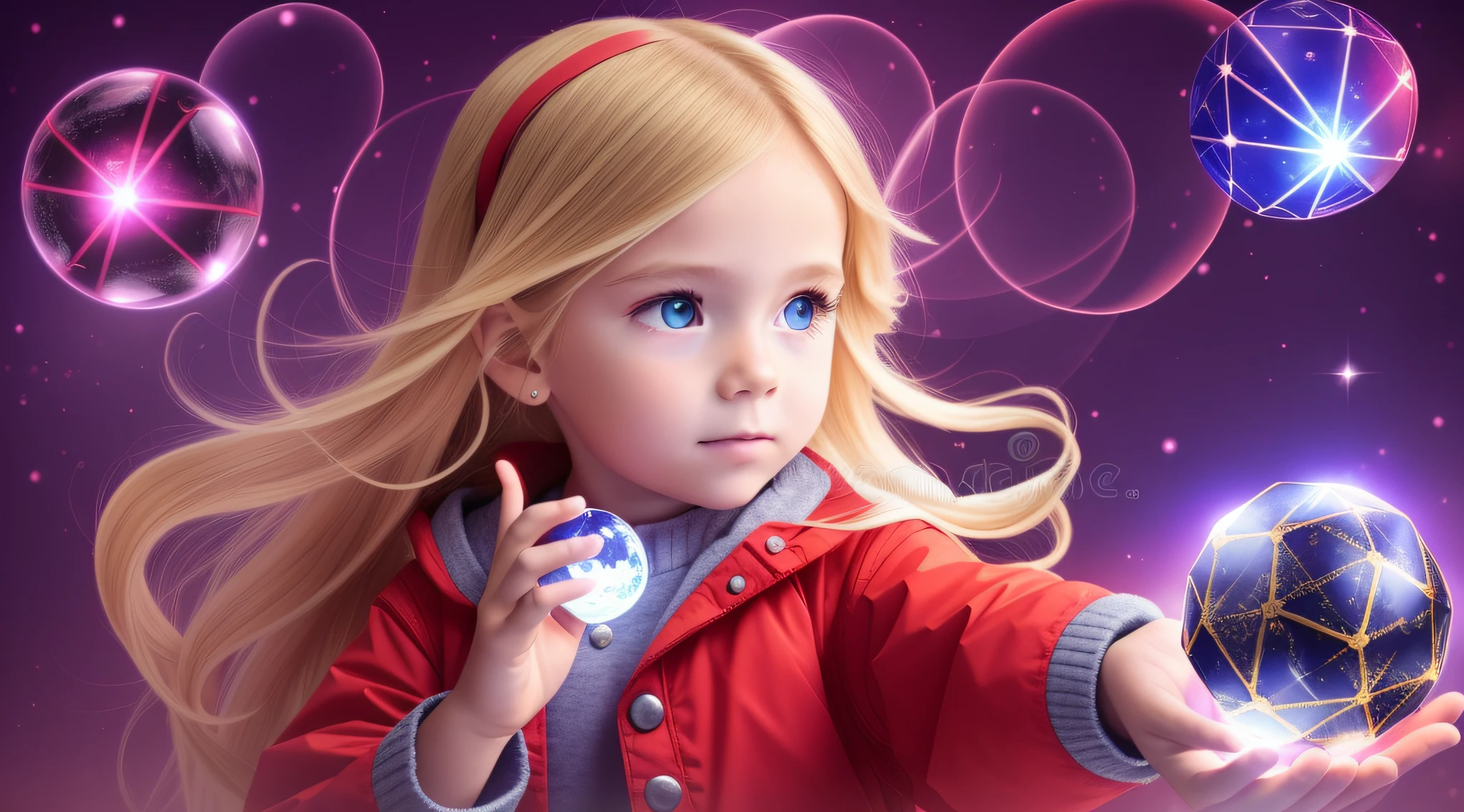 CHILD GIRL WITH LONG BLONDE HAIR IN RED JACKETS, holding a glowing ball in his hands, mage pondering his orb, holding a glowing orb of dice, he is casting an illumination spell, holding a glowing orb, holding a crystal ball, psychic, crystal ball, cool marketing photo, stock photo, predicting the future,  stock image, plasma globe, well-lit professional photo, magic,