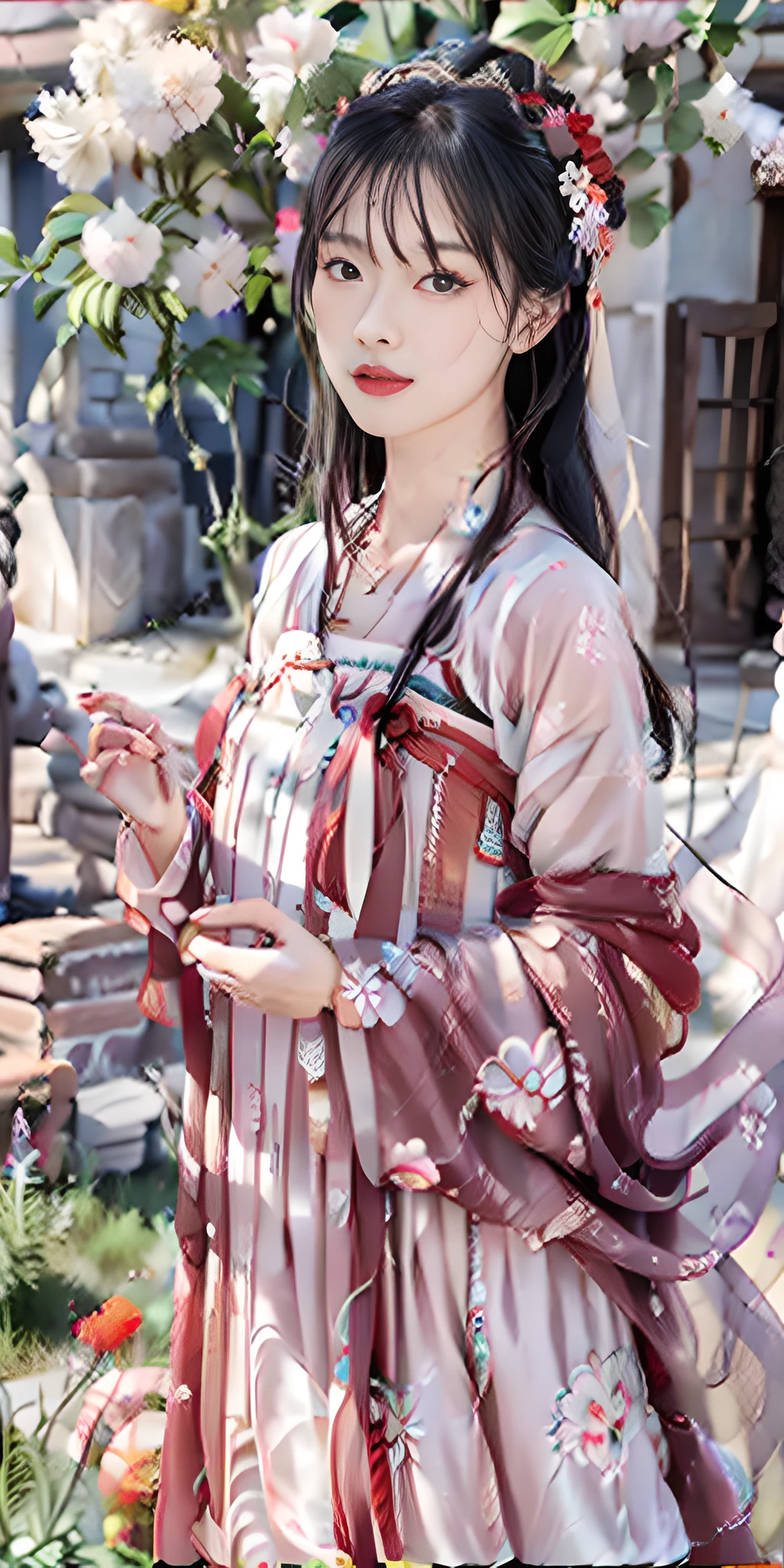 Masterpiece, black_hair, 1 Girl, Looking at the Audience, long_hair, nail_polish, Solo, Ancient Art, Chinese, (8K, Best Quality, Masterpiece: 1.2), (Realistic, Realistic:1.2), (Background Sky: 1.2), (Bust Photo: 1.7), Looking at the Audience, Hanfu, 1girl, (Red Flower Pine Ink: 1.1), Close-up of the face, Detailed face, Hanfu, Tang system, Chest-length skirt, pleated skirt，cinematic lighting, motion blur, ray tracing, god rays, bloom, drop shadow, close-up, lens flare, UHD, masterpiece, ccurate, anatomically correct, textured skin, super detail, high details, high quality, award winning, best quality, highres, 16k, HD, accurate, correct hand, (anatomically correct: 1.5),