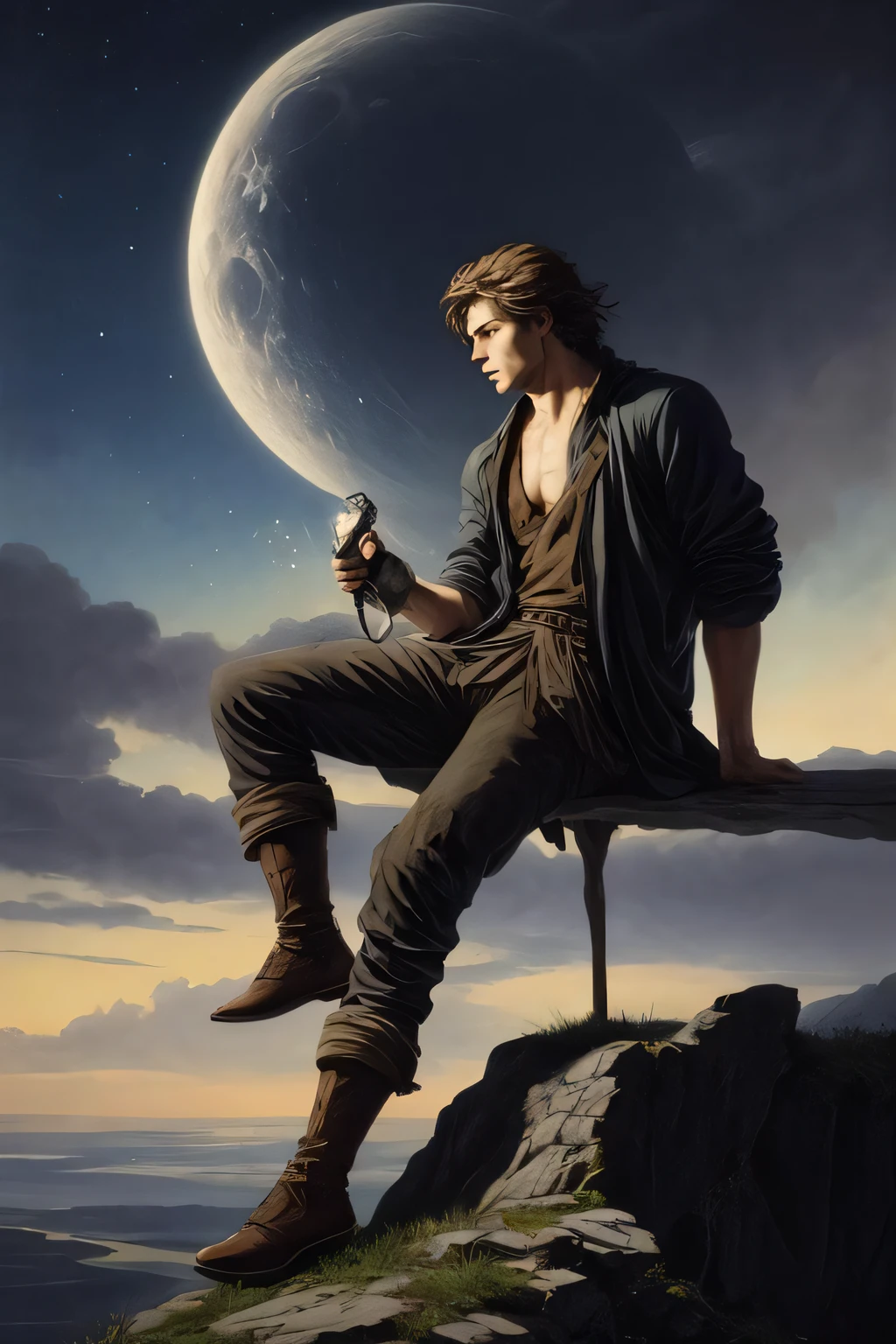close up of 1 man, young, of irish descent, fighter sitting on the cliff, a moonlit night, beautiful face, beautiful sky, (oil painting), classical art:0.4, detailed, intricate, (fantasy art), muted color:0.25, best quality, good anatomy, good composition, good proportions, good design, dynamic pose, good pose, realistic sky, realistic backgrounds, (cinematic), (highest quality, award winning, masterpiece:1.3), (art by Arthur Rackham:0.5), (((natural colors))), (photorealistic:1.4), ((empty hands, holding nothing)),