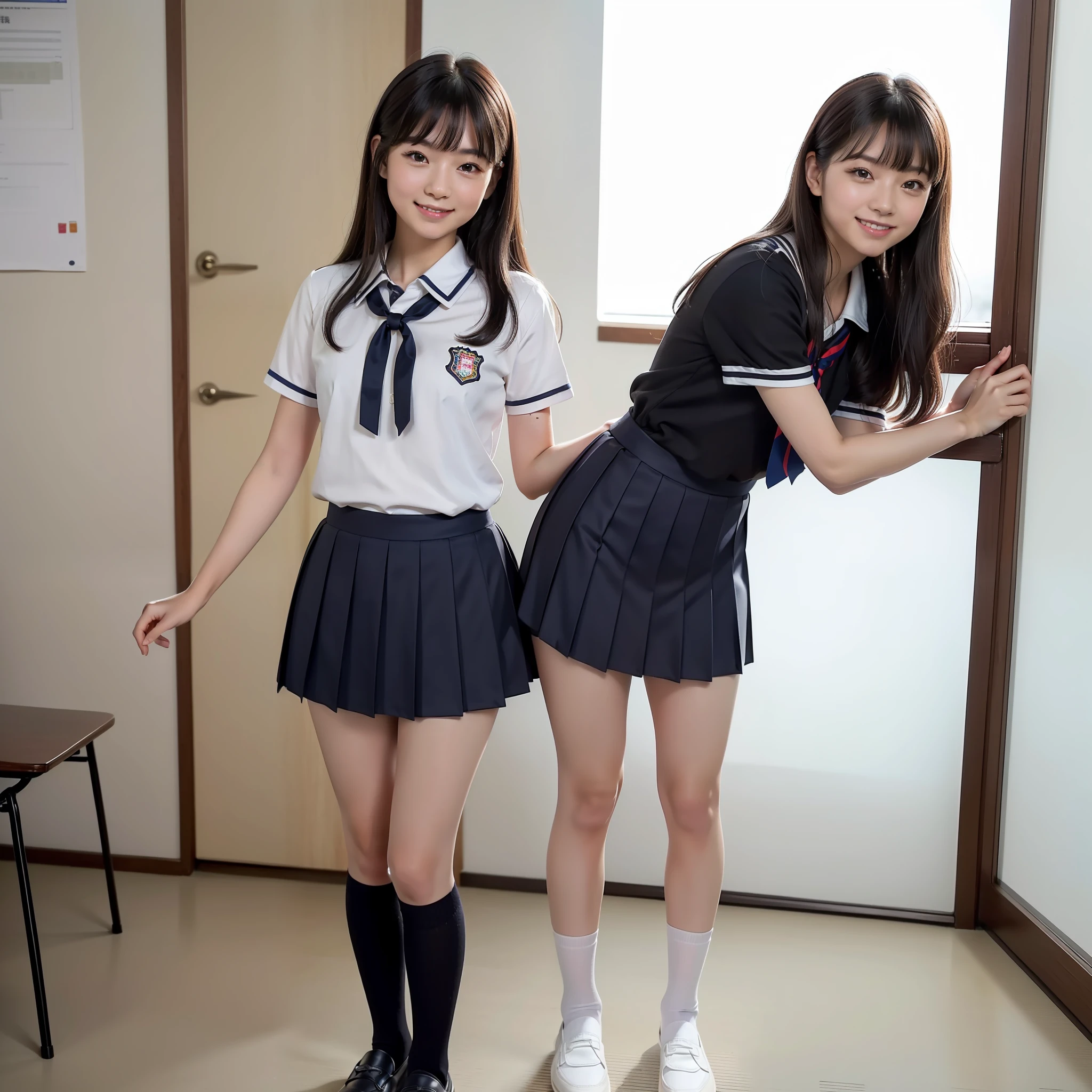 (RAW photo, best quality, masterpiece: 1.2), (photorealistic: 1.4), best lighting, cute Japan human face, moisturized eyes, ((((Small: 1.6))chest), (black hair with diagonal bangs: 1.4), (pump thighs) (uniform, short sleeves, dark blue skirt, school ribbon, school socks, school black loafers), standing, looking at the viewer, smile,