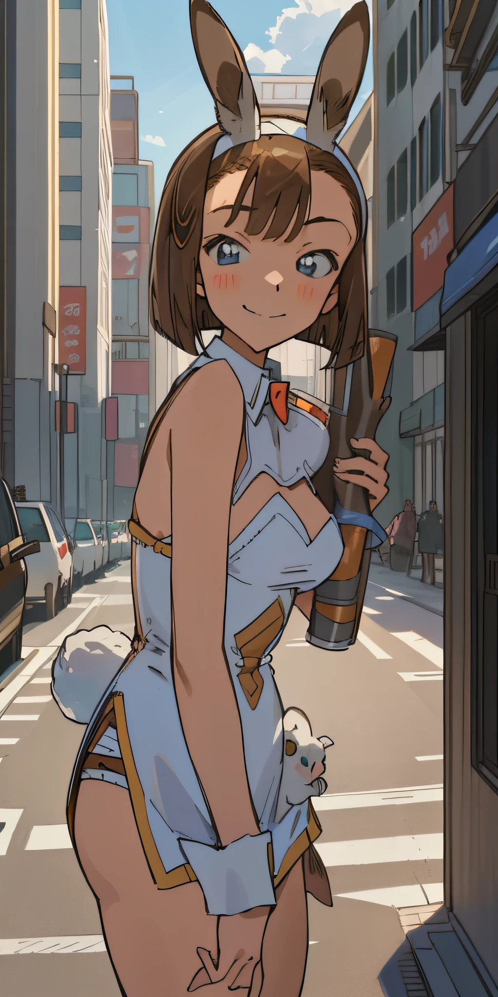 ((masterpiece)), (8k, high_resolution),(best quality), Sonoko, 1girl, solo, blue eyes, brown hair, short hair, bob hairstyle, smile, distance look, street, city, outdoor, beautiful eyes and detailed face, medium breasts, ((rabbit girl costume, rabbit girl: 1.2)), whole body