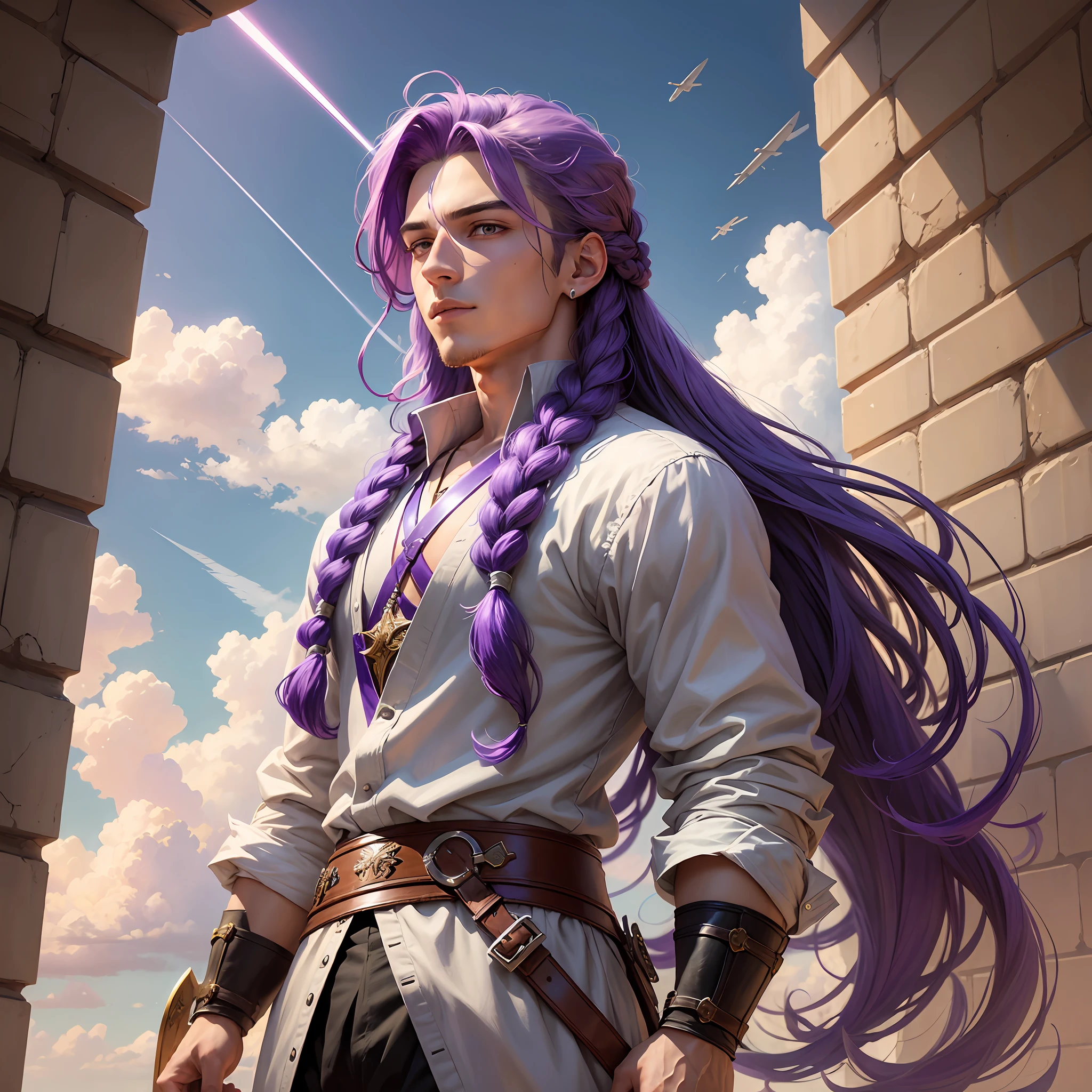 A handsome 24-year-old boy with long purple hair tied in braids, suspended in the sky, with a long sword that can change the laws of nature hangs behind his back --auto --s2