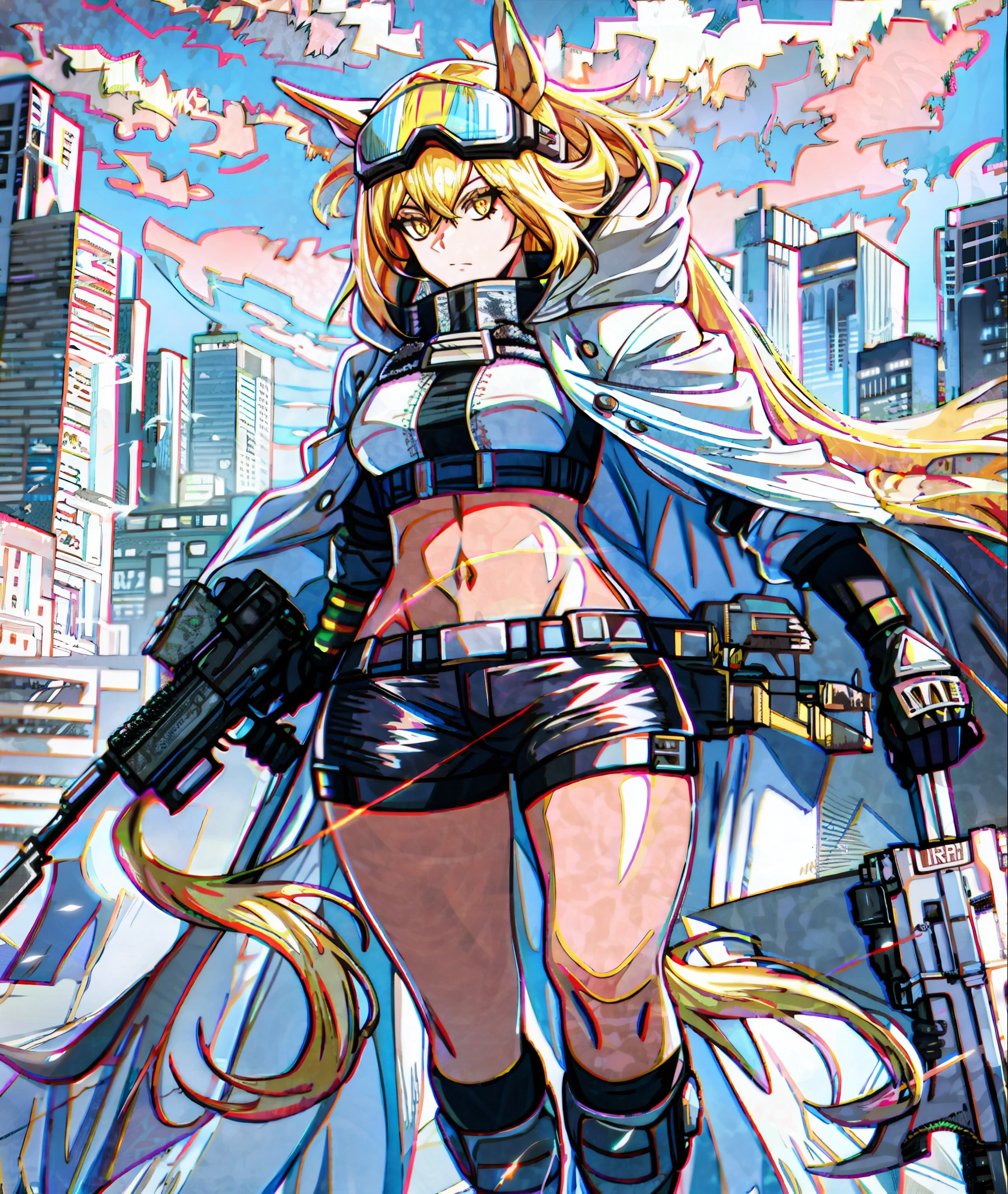 Noisy night city background, single full body standing painting, simple protection, white translucent hooded trench coat, crop navel, hot pants, leg decoration, windproof goggles, bright golden eyes, blonde hair, gun master, horse girl, heroic royal sister, kind and friendly big sister next door, reliable mature woman, ark of tomorrow, best quality, high resolution, best quality, high quality, detailed key anime art, best anime, 8k