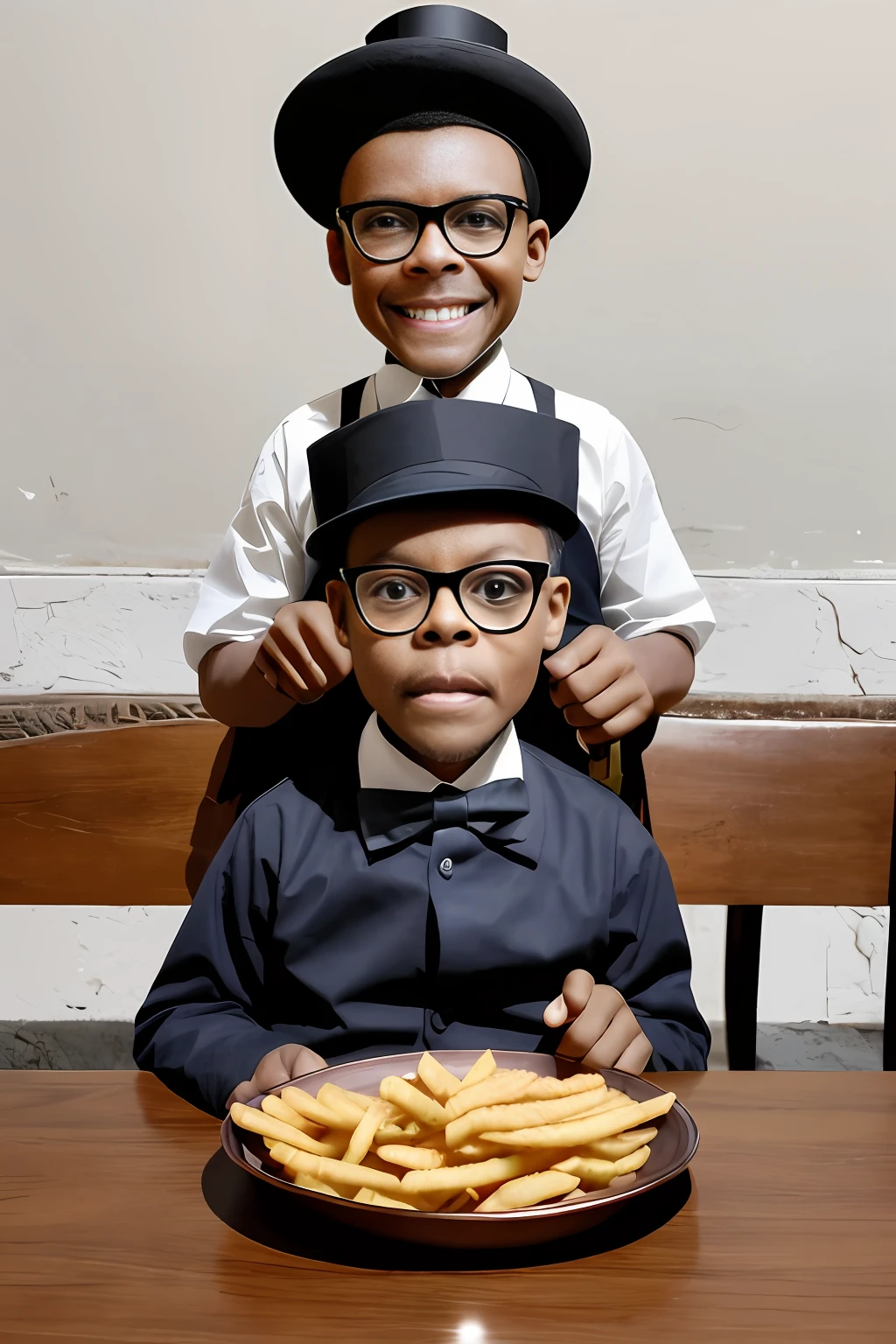 guttonerdreliberate1, a 3-year-old boy in glasses, in nineteenth-century social clothes, with top hat and cape, bright eyes and a cane with skull, sitting at the table with a plate of hamburger and chips in front of him, realistic, photorealistic. 8k uhd