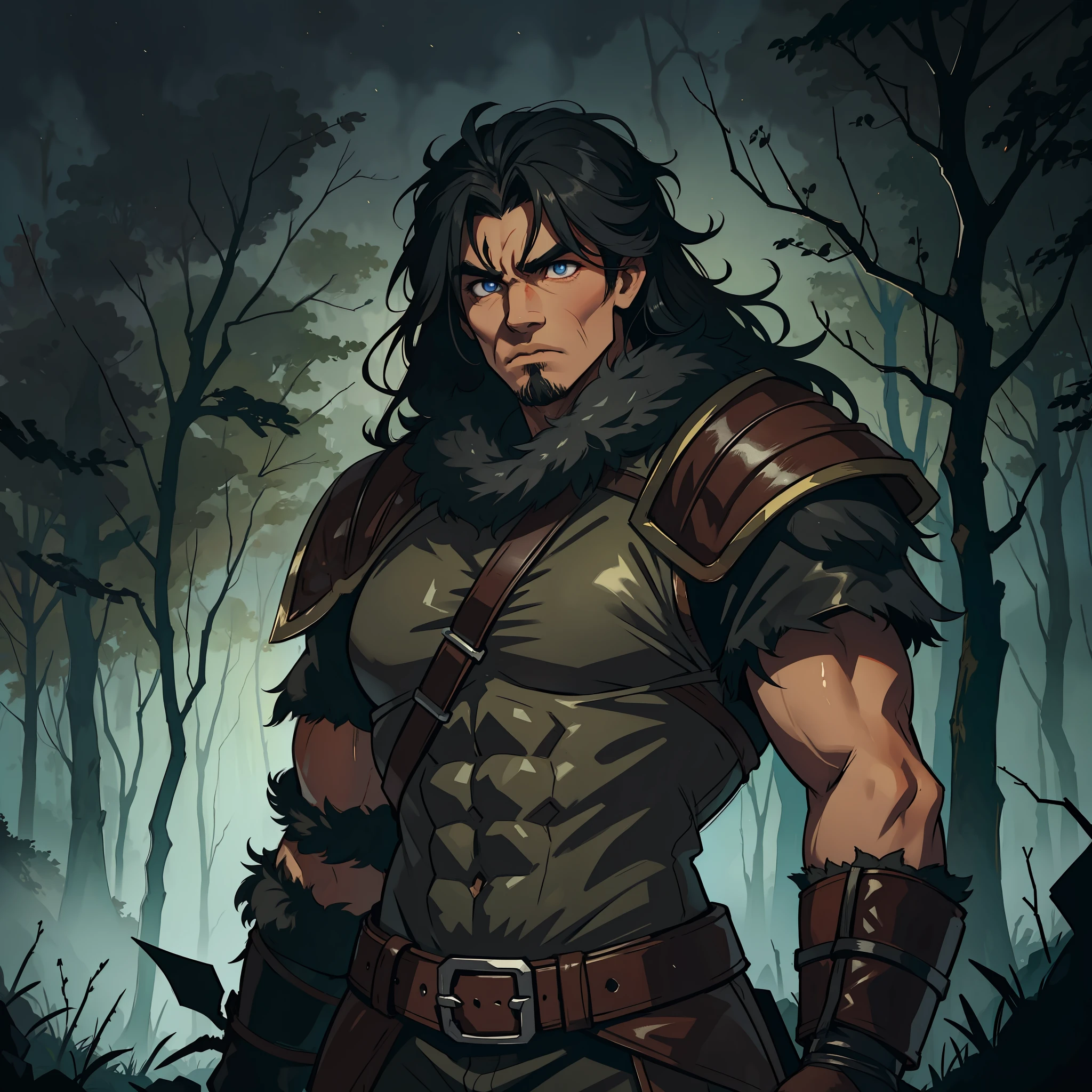 A wild barbarian A manly man in a hunter's costume with leather and animal skin in the middle of a giant and gloomy forest at night his eyes are red and shine a frightening light The hunter is intimidating The sky is gloomy and gray with a dark moon
