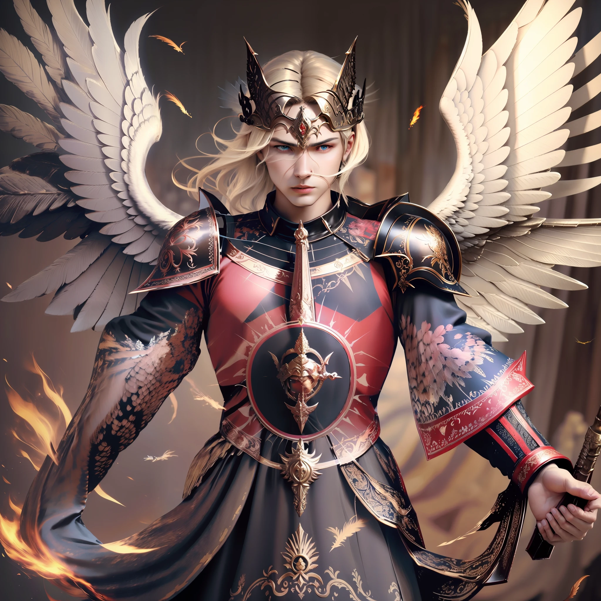 Create an image of an archangel with four large wings who is leading an army of angels to fight the forces of evil in an epic battle. He has a flaming sword in one hand and a shield in the other, and his face is determined and courageous. UHD, high details, super detail, best quality, 8k