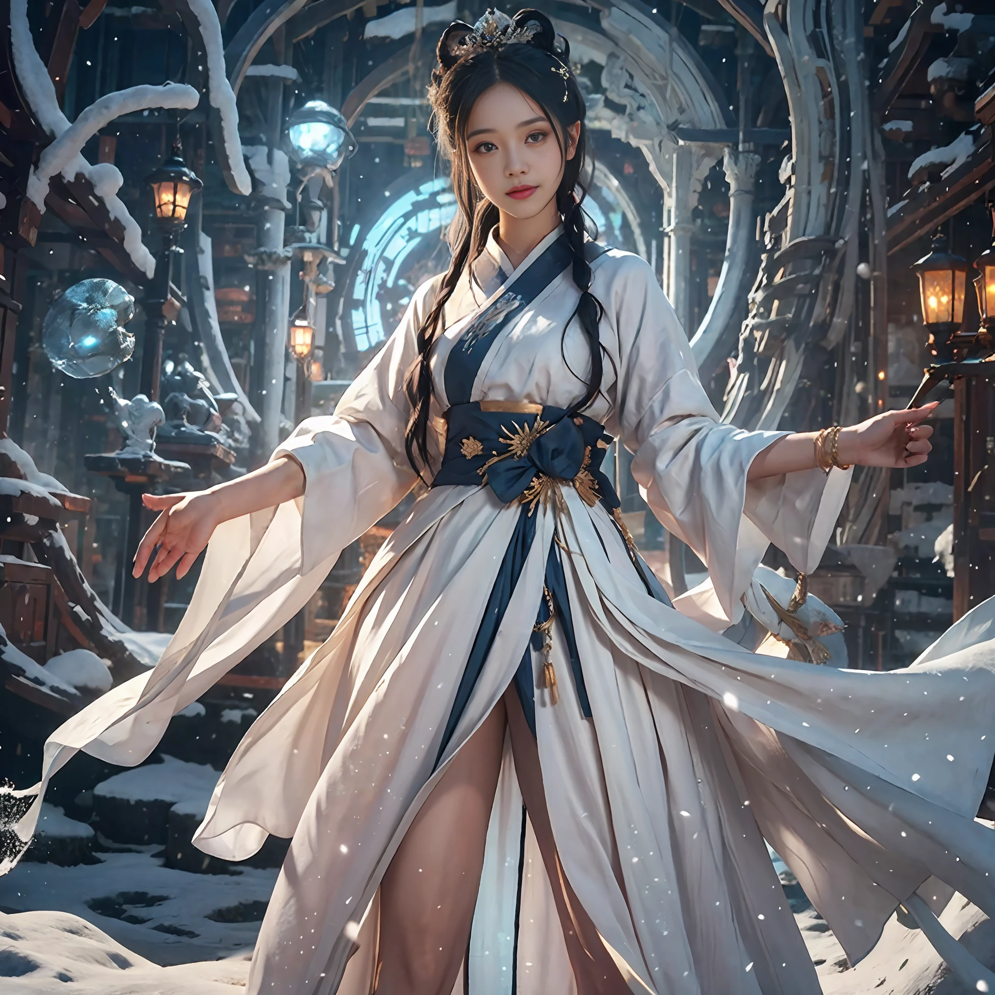 Vast landscape photo, above is the sky in the middle is the snow mountain below, a girl standing on the snow looking up, exquisite background, winter, snow mountain, BREAK making art, (cold light source: 1.2), intricate details, volumetric lighting BREAK (Masterpiece: 1.2), (Best Quality), 4K, Ultra Detailed, (Dynamic Composition: 1.4), Rich in Detail, (Solo: 1.2), Blush, Extra Detail, Delicate Hair, Messy Hair, Smile, Hanfu, Camelier Dress, Perfect Hand, Right Hand, Sapphire Pendant, Blue Pupil, Ice Mage, Snowscape, Snow, Snowflake, Glacier, Arctic, Blue Crystal, Lots of Blue White, Dreamy, Mythical, Perfect Cloud, Legs Exposed, Bare Feet, Exposed Thighs, Sapphire