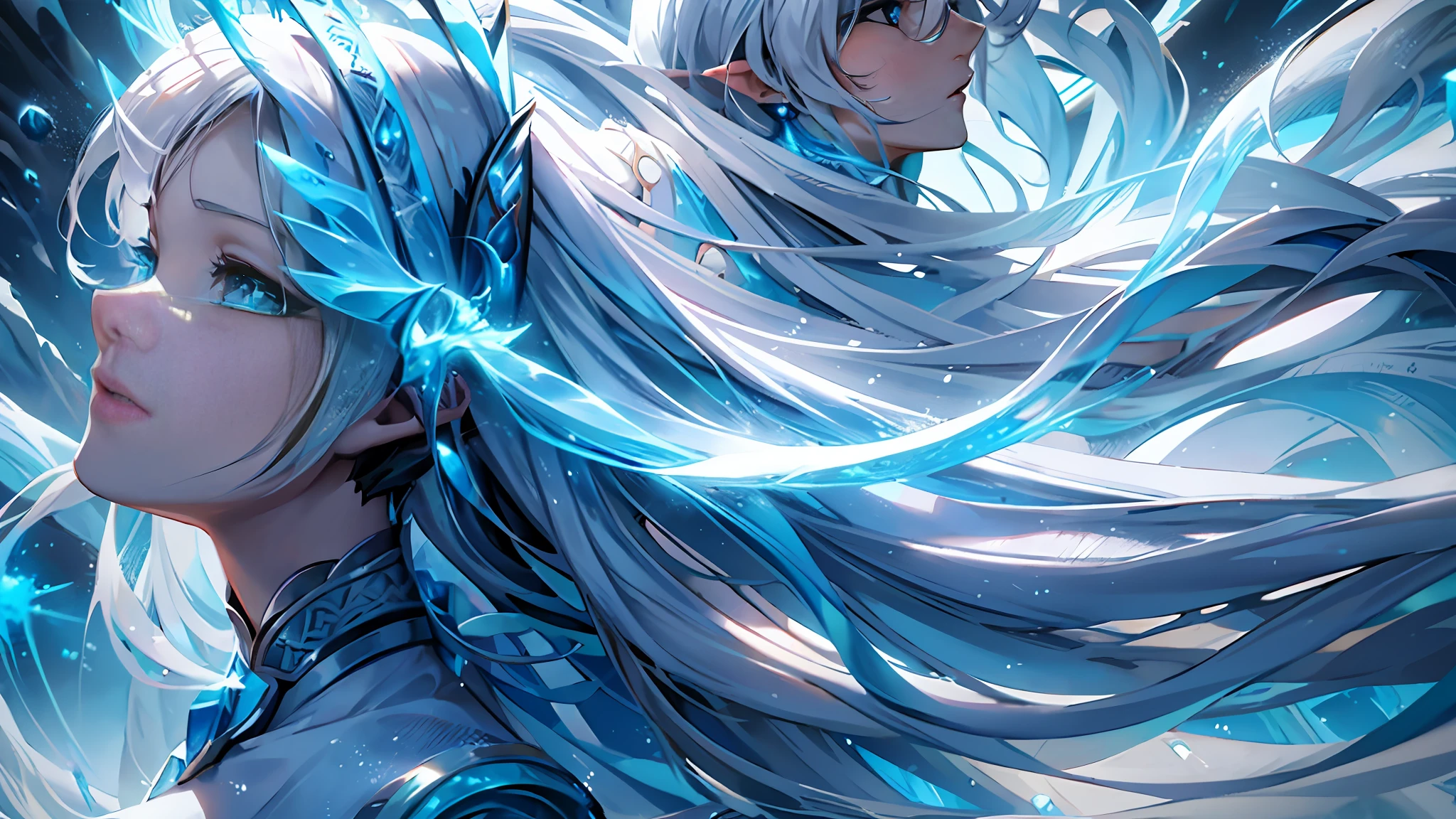 A close-up of a woman in a white dress holding a sword, inspired by Lan Ying's concept art, Artstation competition winner, fantasy art, sea queen Mu Yanling, fairy, beautiful celestial mage, Hirase Jinyao, ice witch, winter goddess, ice and storm queen, Yunling, white-haired goddess,
