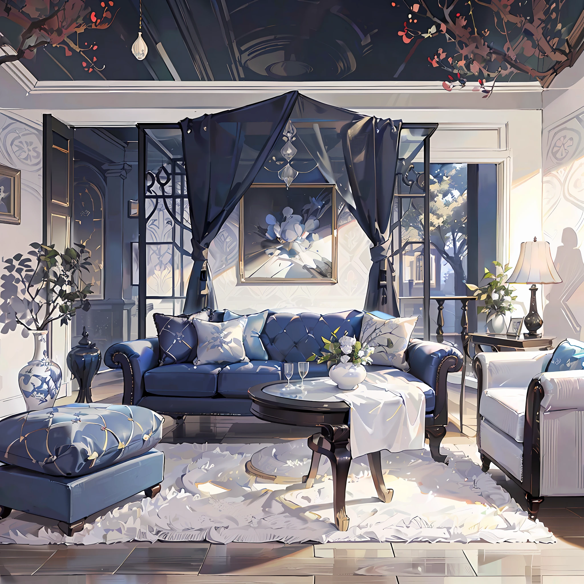 generates a realistic photograph of a living room, white porcelain floor, carpet with geometric print, square glass coffee table with vase and foliage on it, gray sofa with light wooden feet, grayish blue color cushions and cushions with geometric pattern in black and white, walls without beige color details and pictures behind the sofa a window, transparent fabric curtain, white ceiling --auto --s2